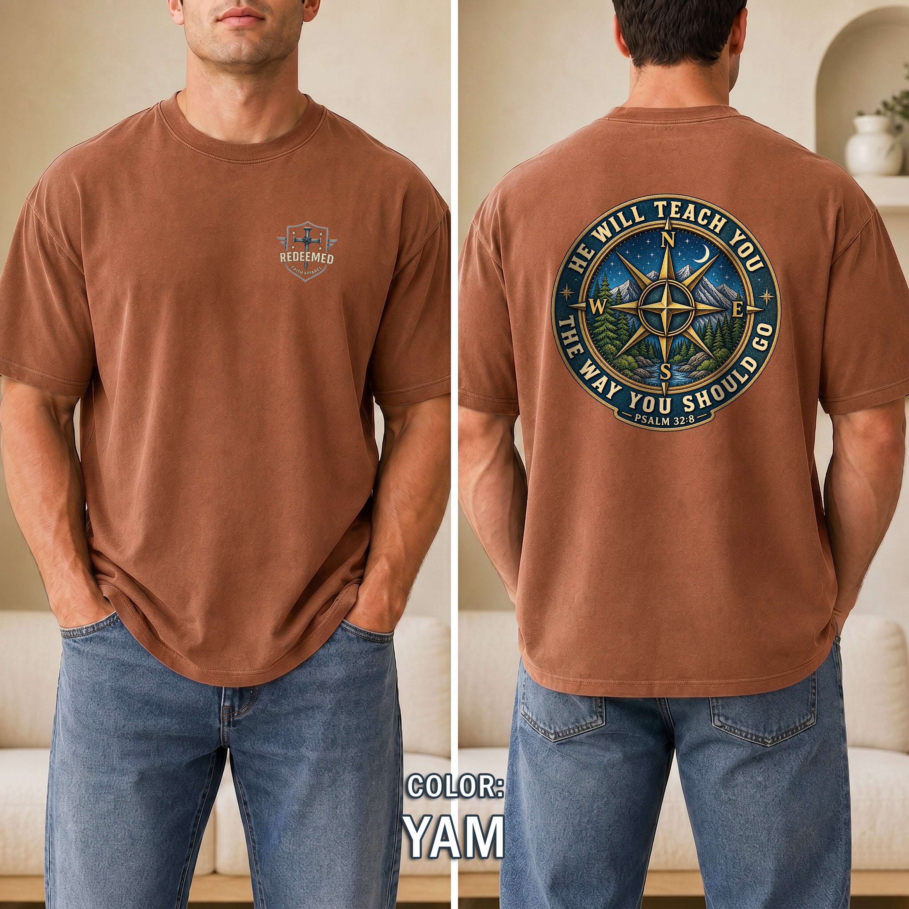 He Will Teach You the Way You Should Go Christian Shirt, Psalm 32:8 Compass Bible Verse Tee, Faith Gift, Redeemed Faith Apparel