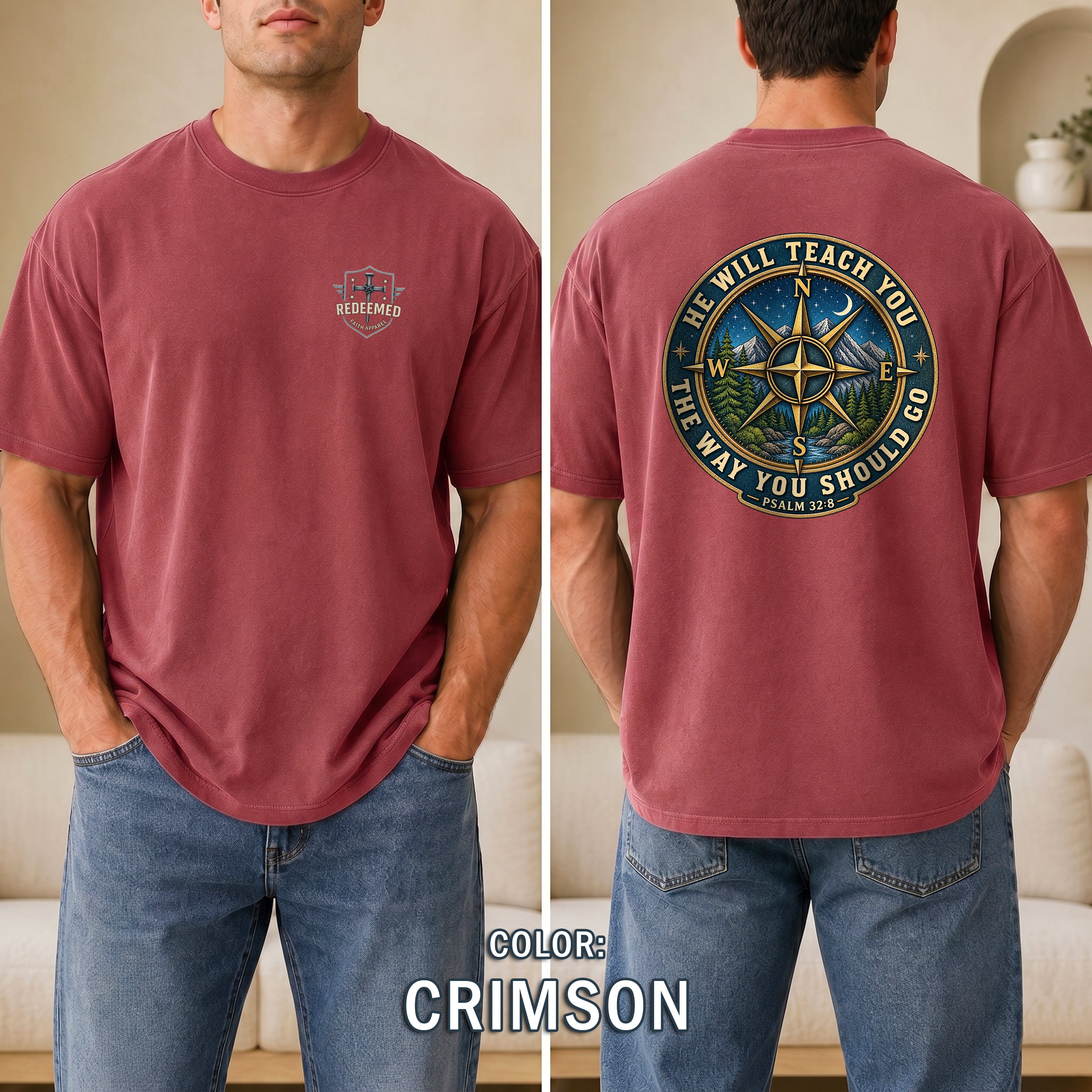 He Will Teach You the Way You Should Go Christian Shirt, Psalm 32:8 Compass Bible Verse Tee, Faith Gift, Redeemed Faith Apparel