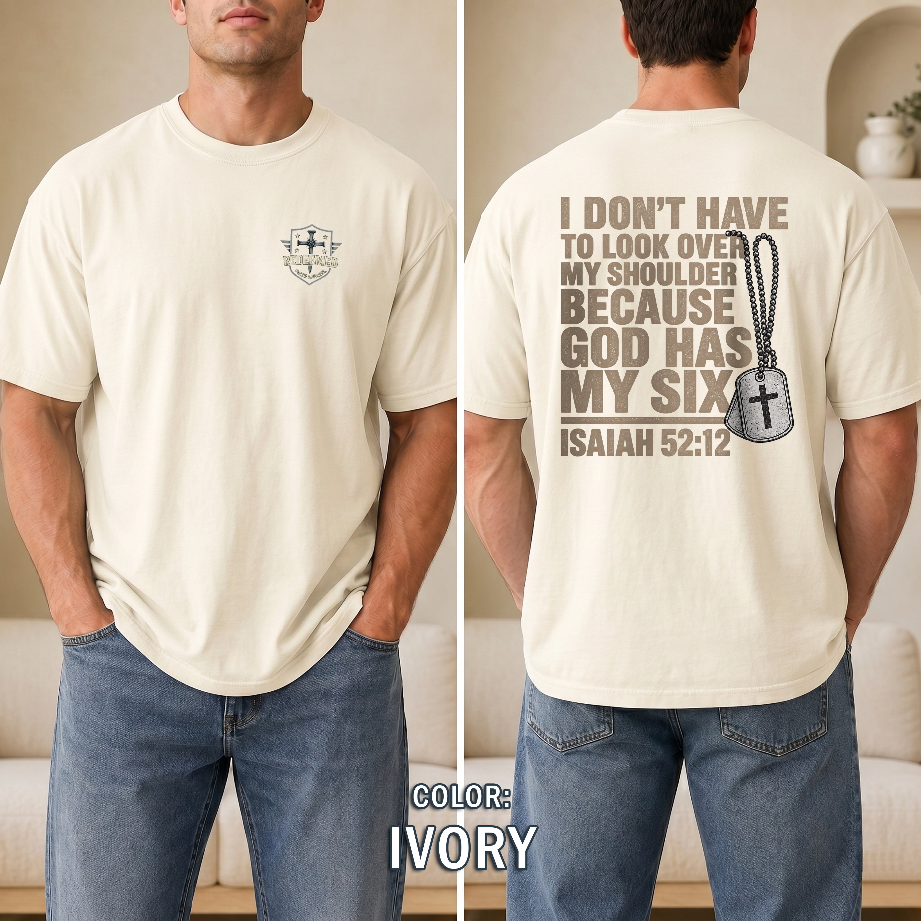 God Has My Six Christian Shirt, Isaiah 52:12 Bible Verse T-Shirt, Military Veteran Faith Tee, Patriotic Gift, Redeemed Faith Apparel