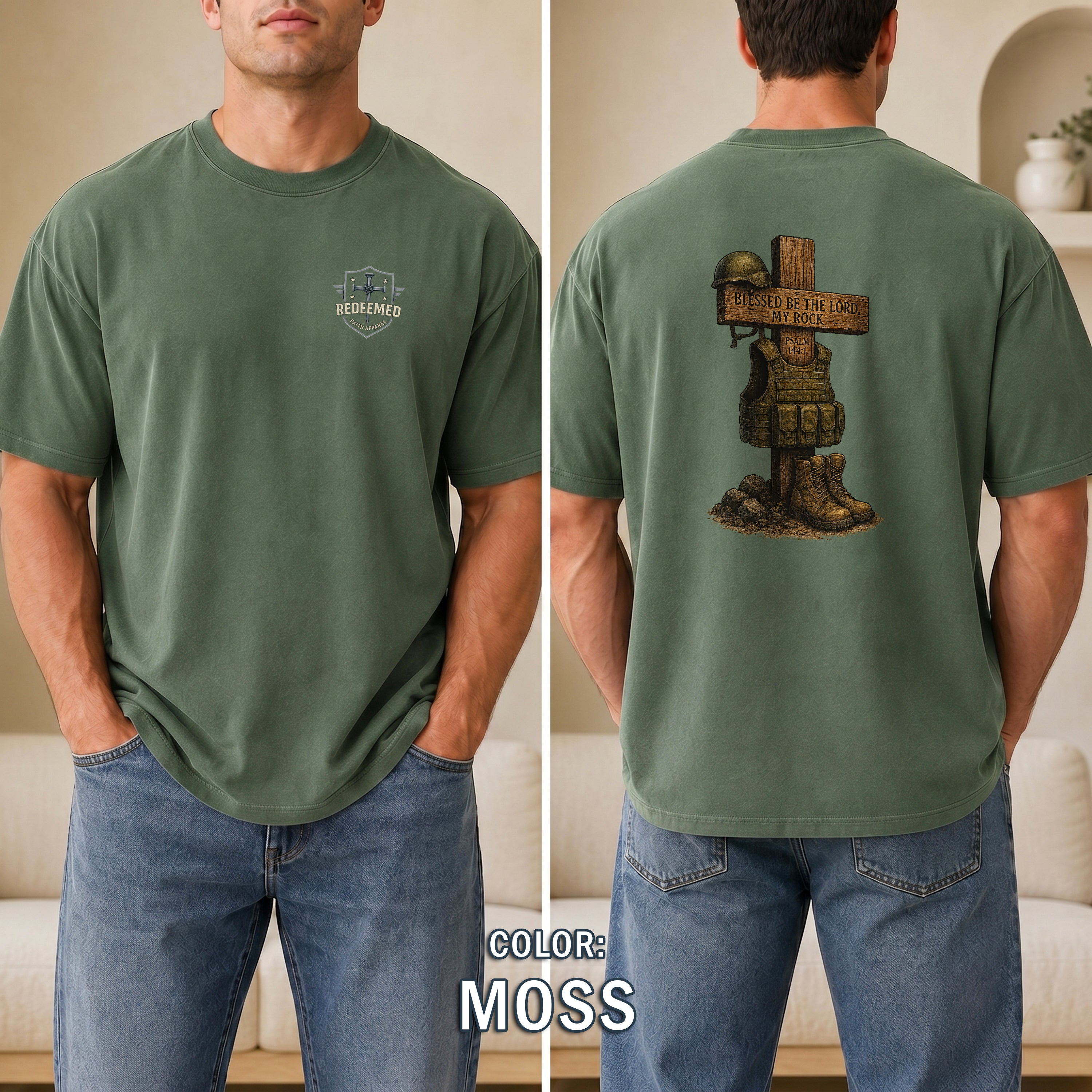 Blessed Be the Lord My Rock Christian T-Shirt, Psalm 144:1 Military Faith Shirt, Military Tribute T-Shirt, Redeemed Faith Apparel