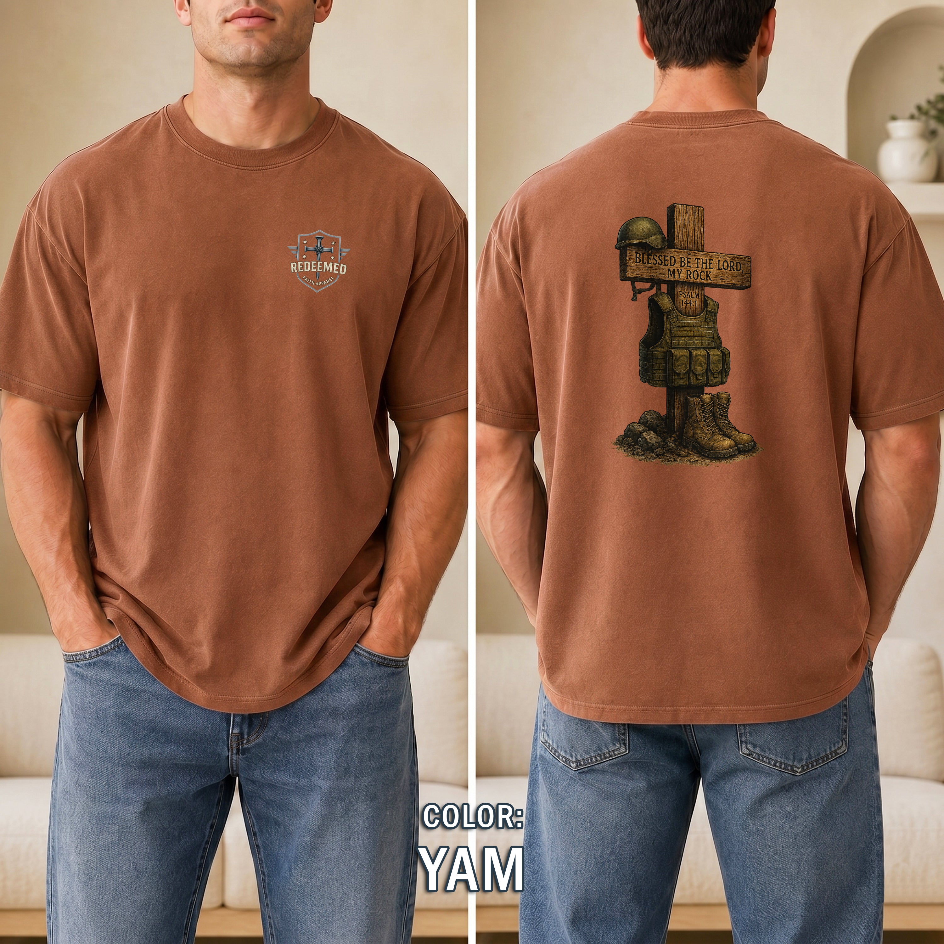 Blessed Be the Lord My Rock Christian T-Shirt, Psalm 144:1 Military Faith Shirt, Military Tribute T-Shirt, Redeemed Faith Apparel
