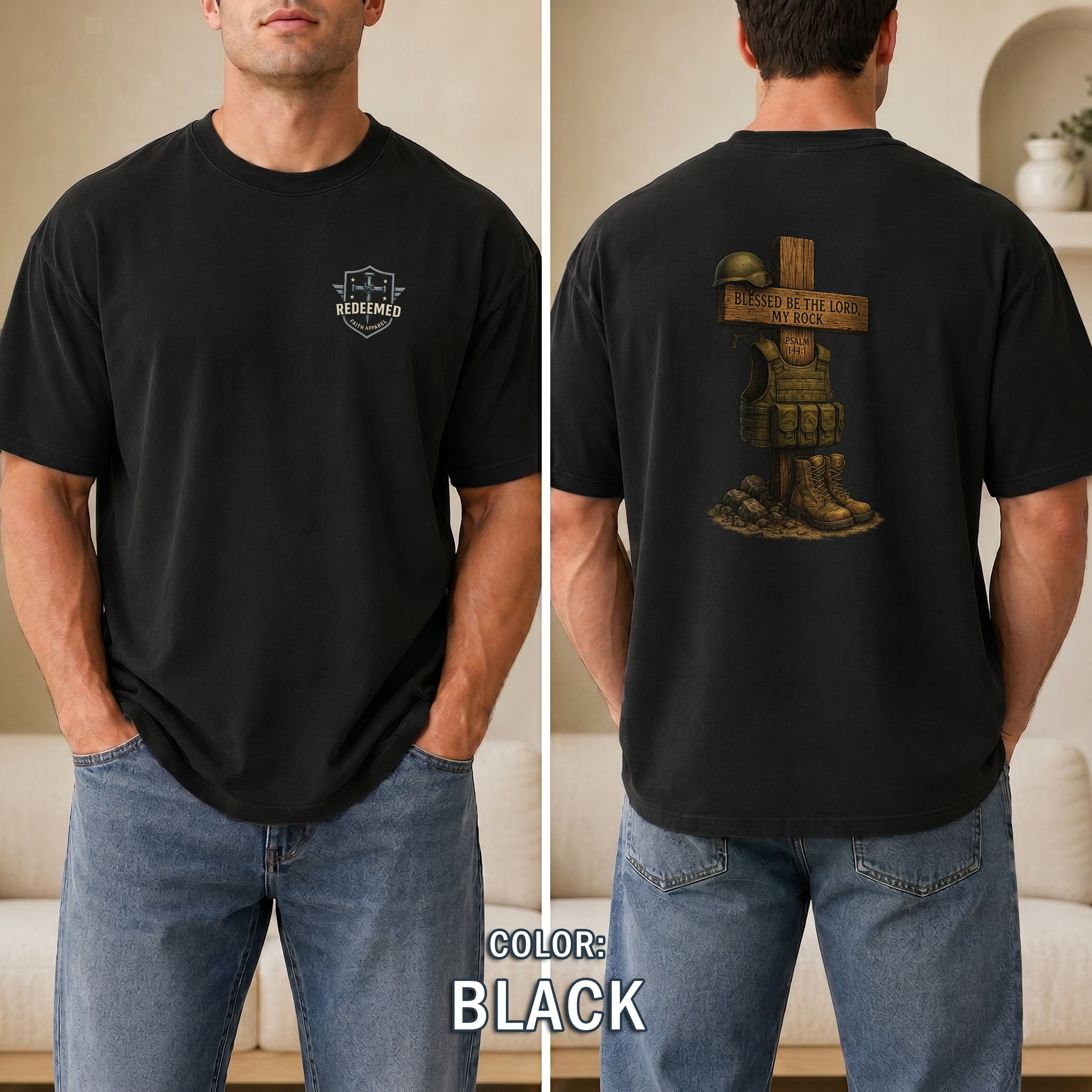 Blessed Be the Lord My Rock Christian T-Shirt, Psalm 144:1 Military Faith Shirt, Military Tribute T-Shirt, Redeemed Faith Apparel