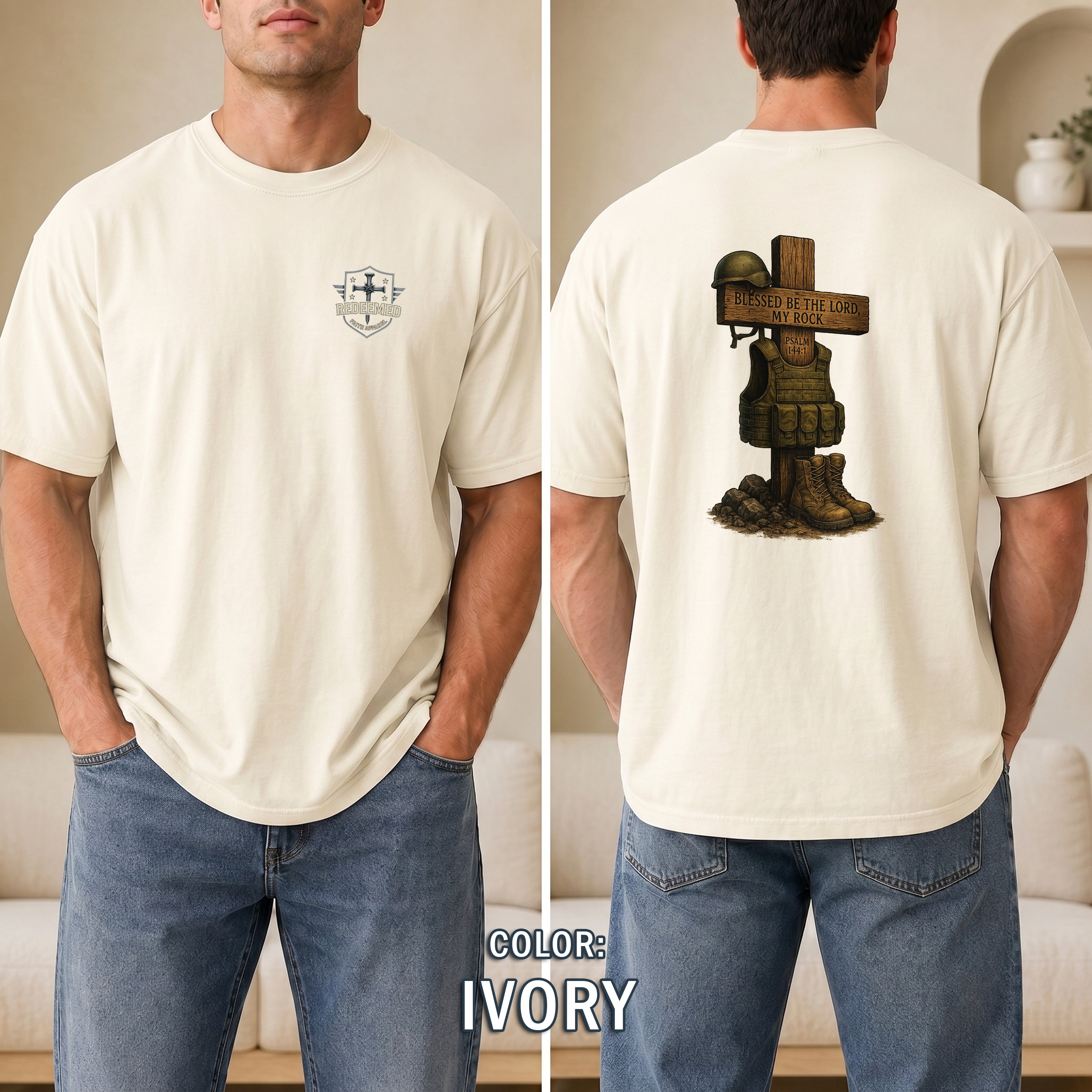 Blessed Be the Lord My Rock Christian T-Shirt, Psalm 144:1 Military Faith Shirt, Military Tribute T-Shirt, Redeemed Faith Apparel