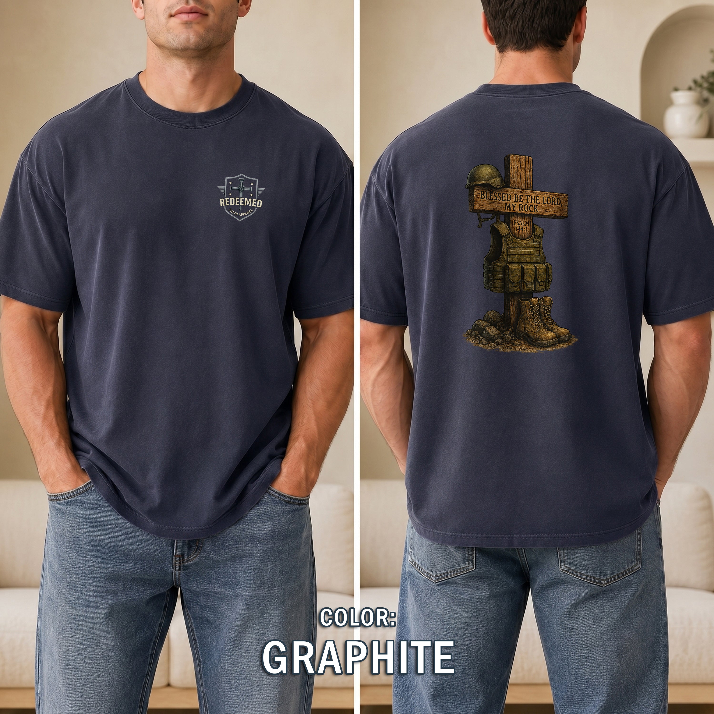 Blessed Be the Lord My Rock Christian T-Shirt, Psalm 144:1 Military Faith Shirt, Military Tribute T-Shirt, Redeemed Faith Apparel