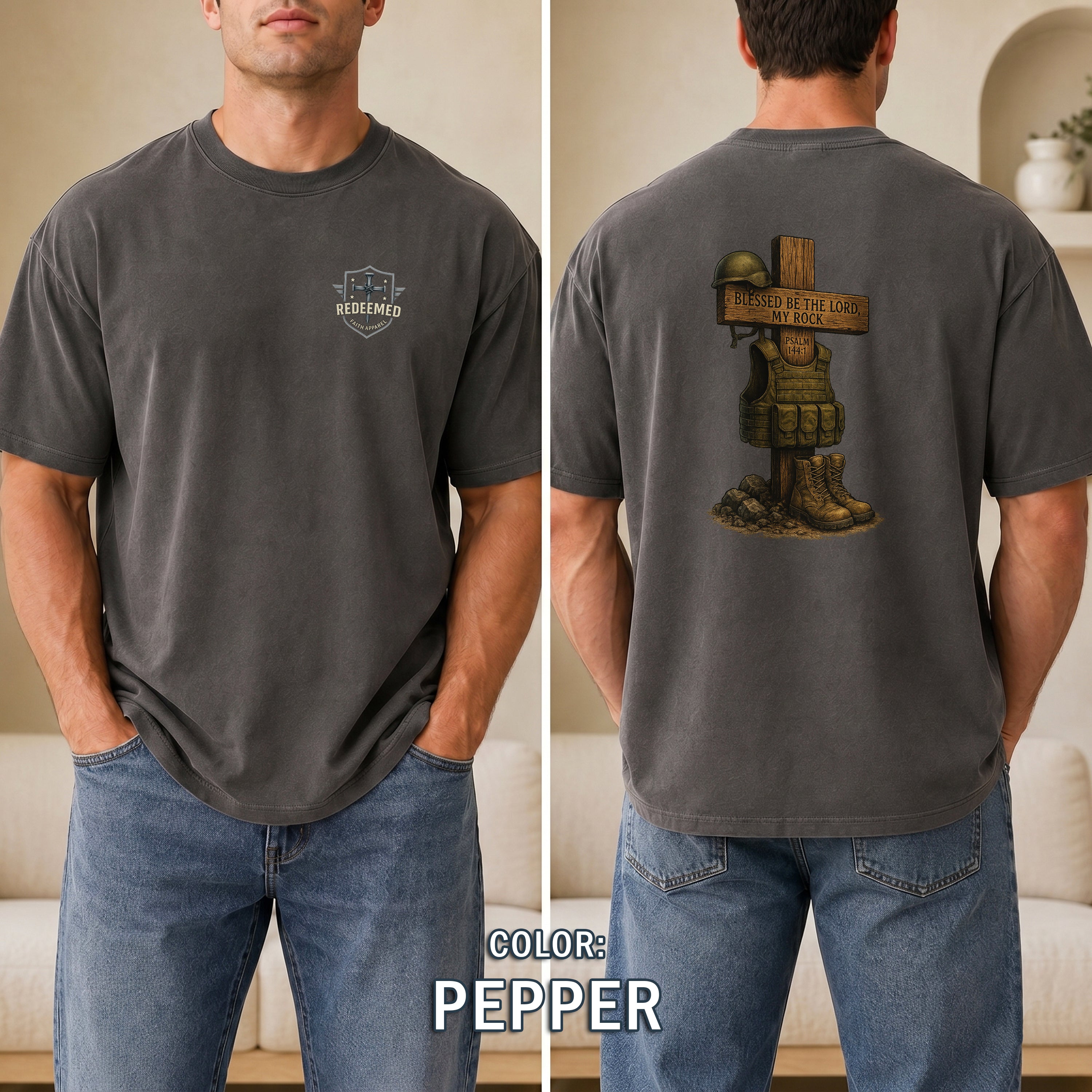 Blessed Be the Lord My Rock Christian T-Shirt, Psalm 144:1 Military Faith Shirt, Military Tribute T-Shirt, Redeemed Faith Apparel