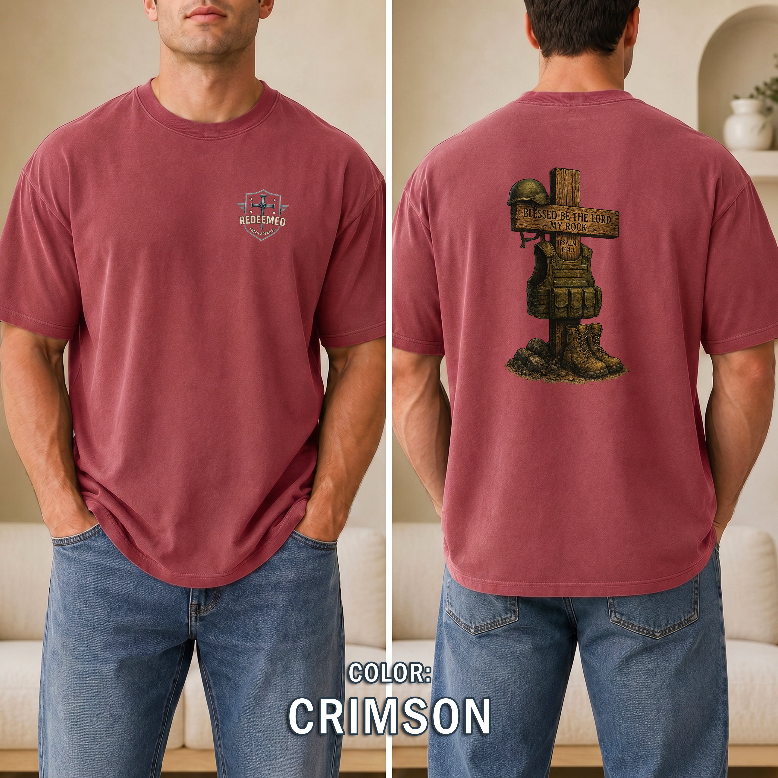 Blessed Be the Lord My Rock Christian T-Shirt, Psalm 144:1 Military Faith Shirt, Military Tribute T-Shirt, Redeemed Faith Apparel