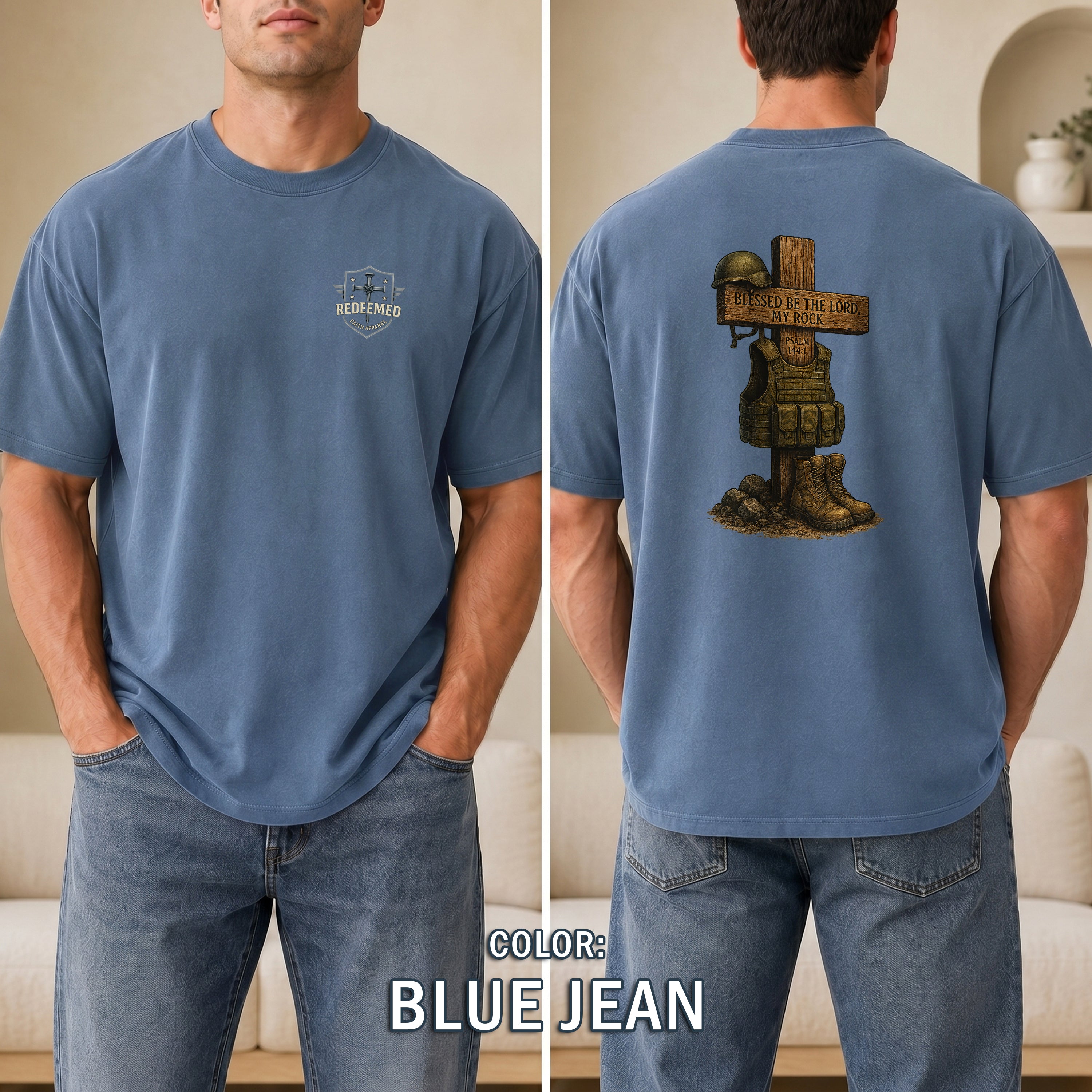 Blessed Be the Lord My Rock Christian T-Shirt, Psalm 144:1 Military Faith Shirt, Military Tribute T-Shirt, Redeemed Faith Apparel