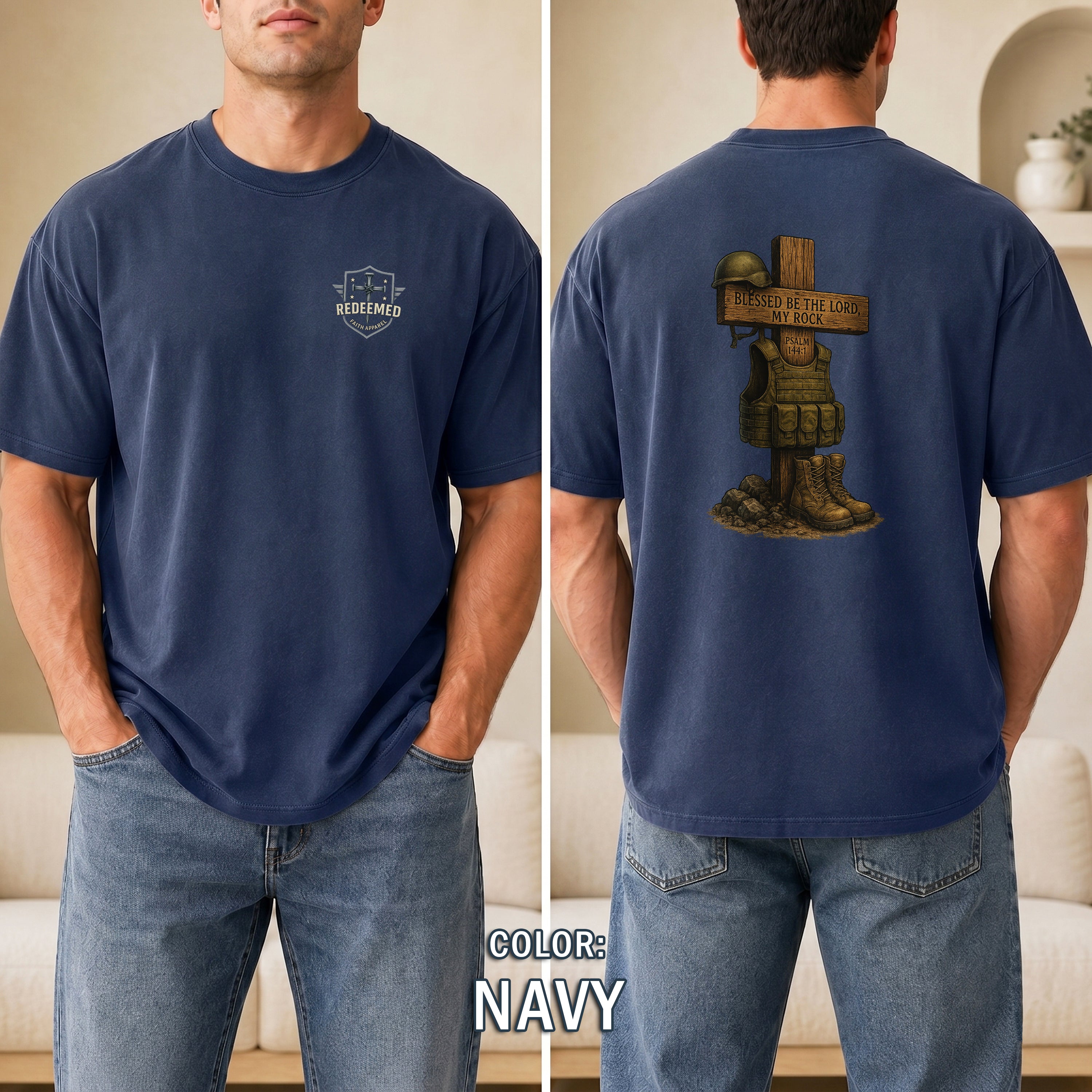 Blessed Be the Lord My Rock Christian T-Shirt, Psalm 144:1 Military Faith Shirt, Military Tribute T-Shirt, Redeemed Faith Apparel