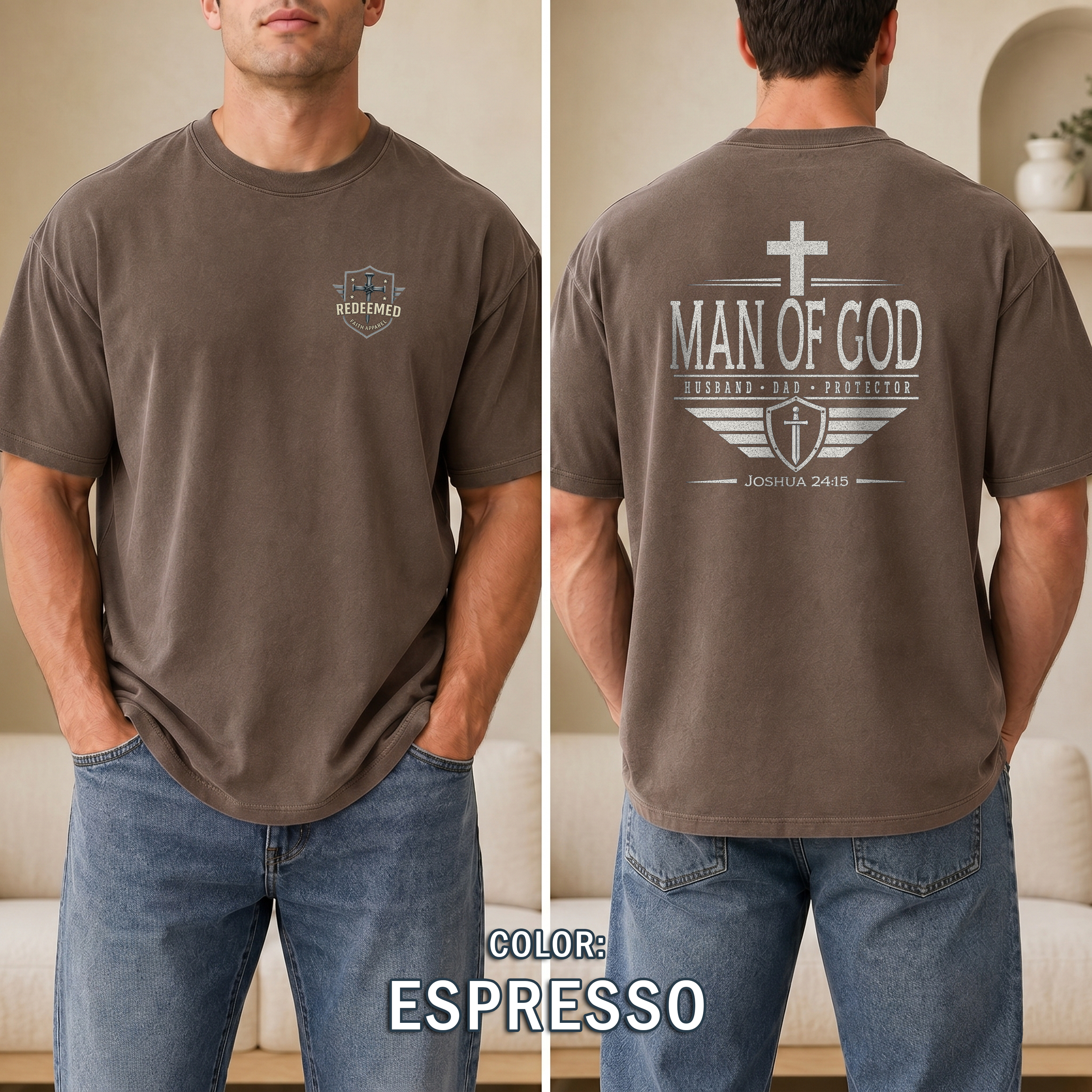 Man of God Christian T-Shirt, Husband Dad Protector Shirt, Joshua 24:15 Tee, Faith Shirt for Men, Redeemed Faith Apparel, Man of Faith Shirt