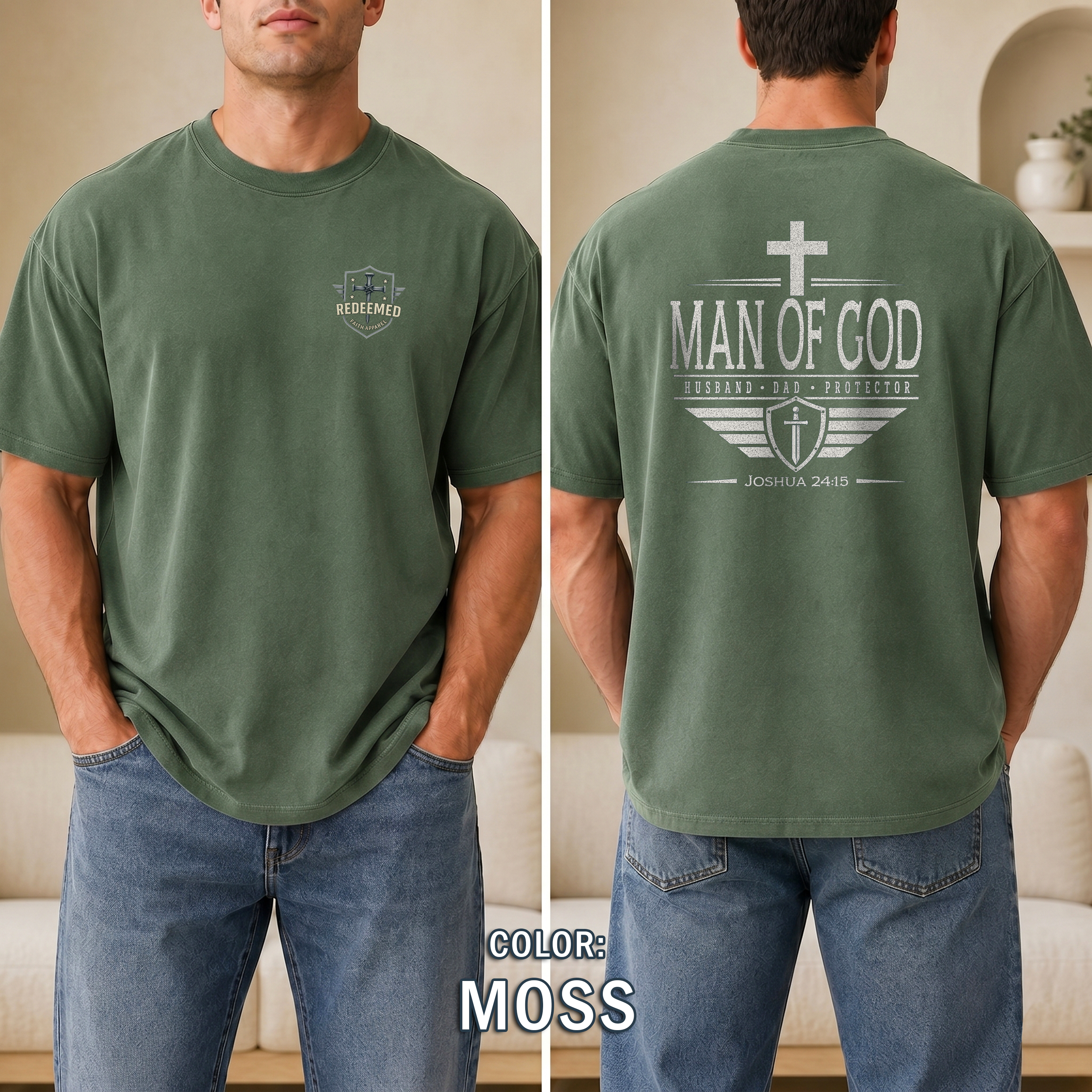 Man of God Christian T-Shirt, Husband Dad Protector Shirt, Joshua 24:15 Tee, Faith Shirt for Men, Redeemed Faith Apparel, Man of Faith Shirt
