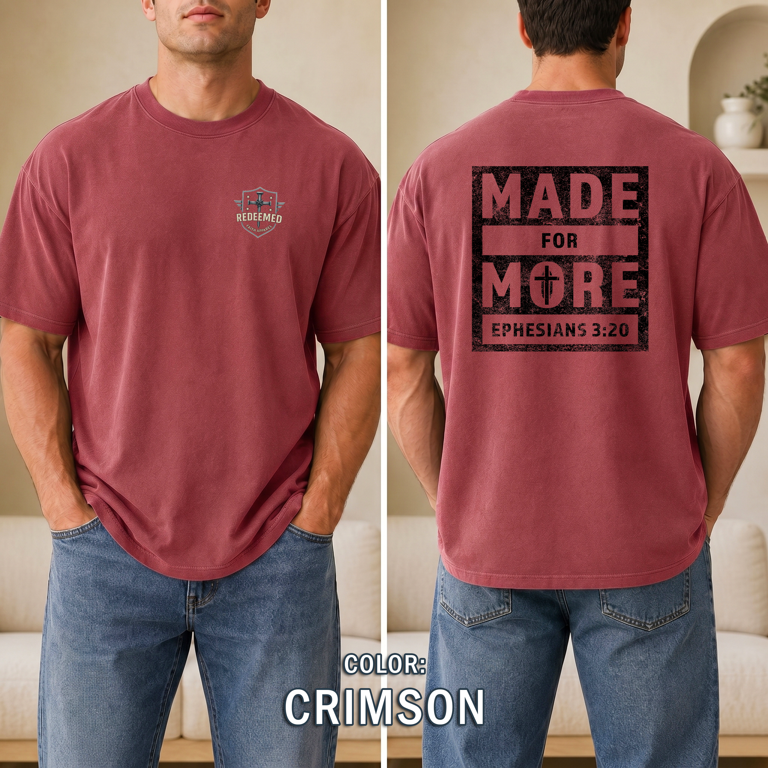 Made for More Christian T-Shirt, Ephesians 3:20 Distressed Tee, Strength & Faith Apparel, Men Gift Shirt, Redeemed Faith Apparel
