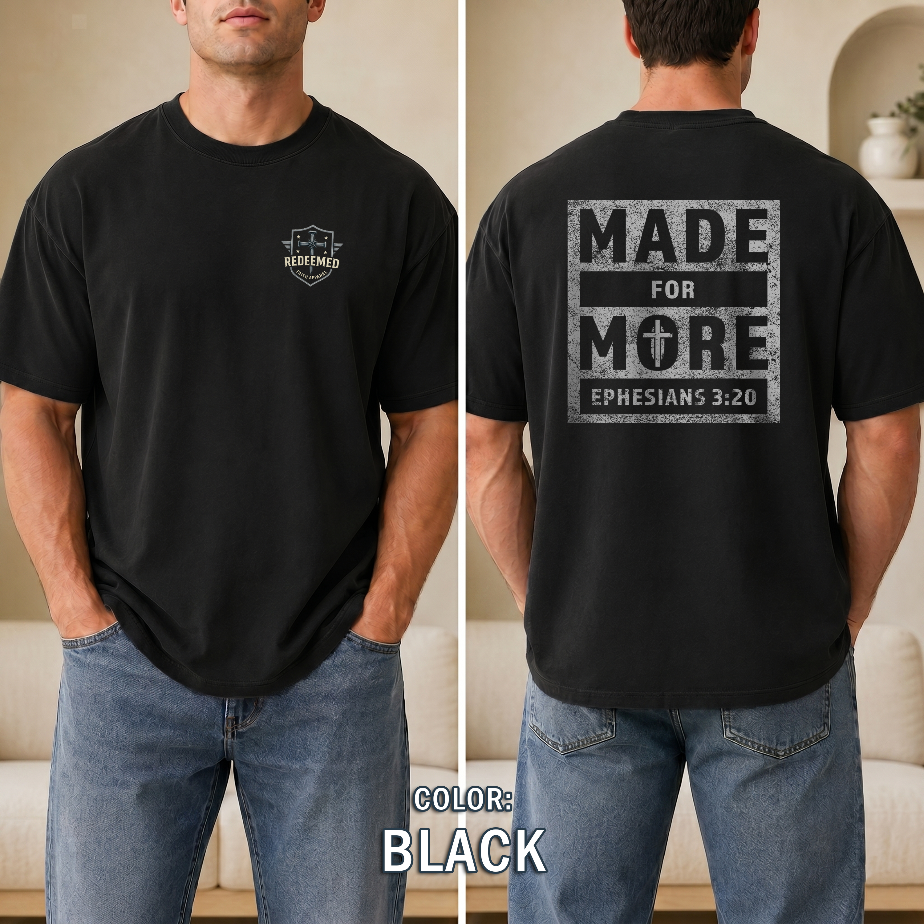 Made for More Christian T-Shirt, Ephesians 3:20 Distressed Tee, Strength & Faith Apparel, Men Gift Shirt, Redeemed Faith Apparel
