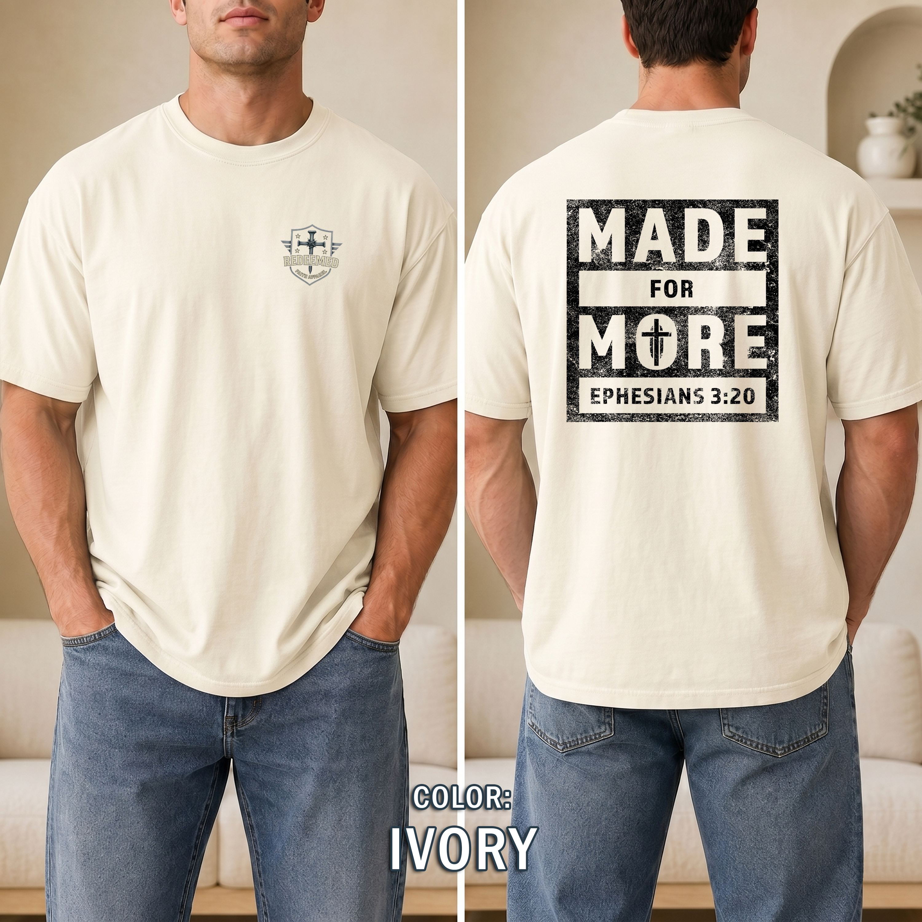 Made for More Christian T-Shirt, Ephesians 3:20 Distressed Tee, Strength & Faith Apparel, Men Gift Shirt, Redeemed Faith Apparel