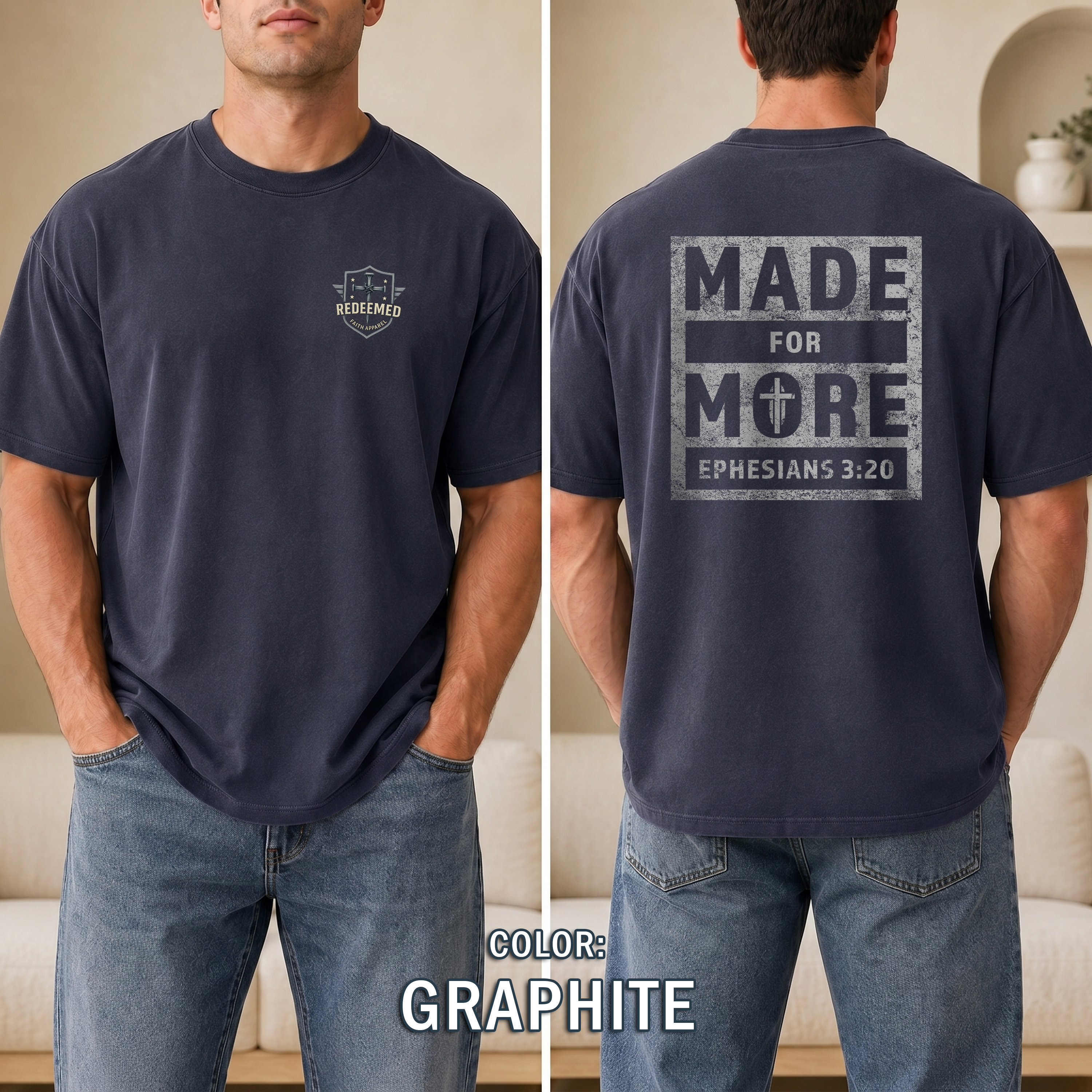 Made for More Christian T-Shirt, Ephesians 3:20 Distressed Tee, Strength & Faith Apparel, Men Gift Shirt, Redeemed Faith Apparel