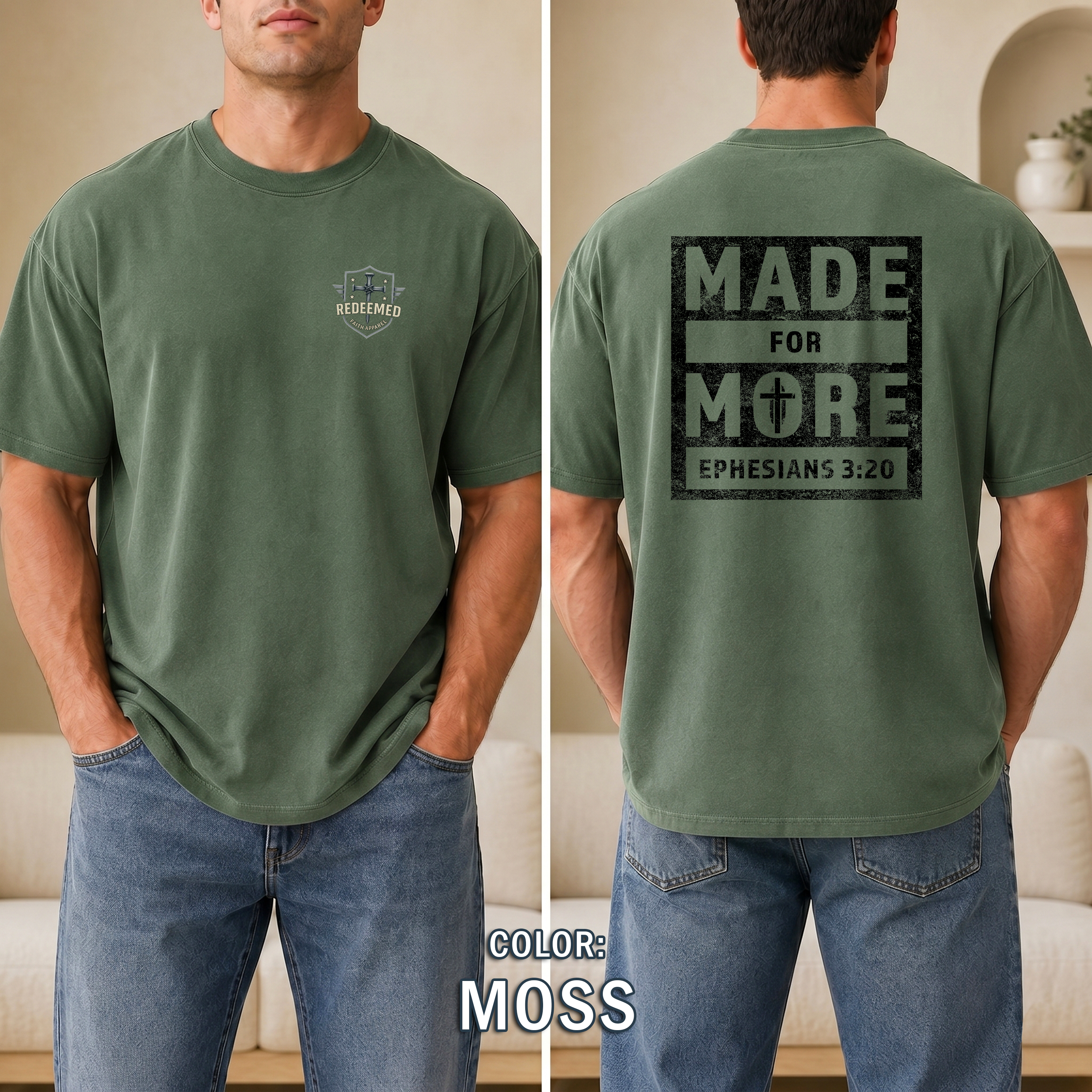 Made for More Christian T-Shirt, Ephesians 3:20 Distressed Tee, Strength & Faith Apparel, Men Gift Shirt, Redeemed Faith Apparel