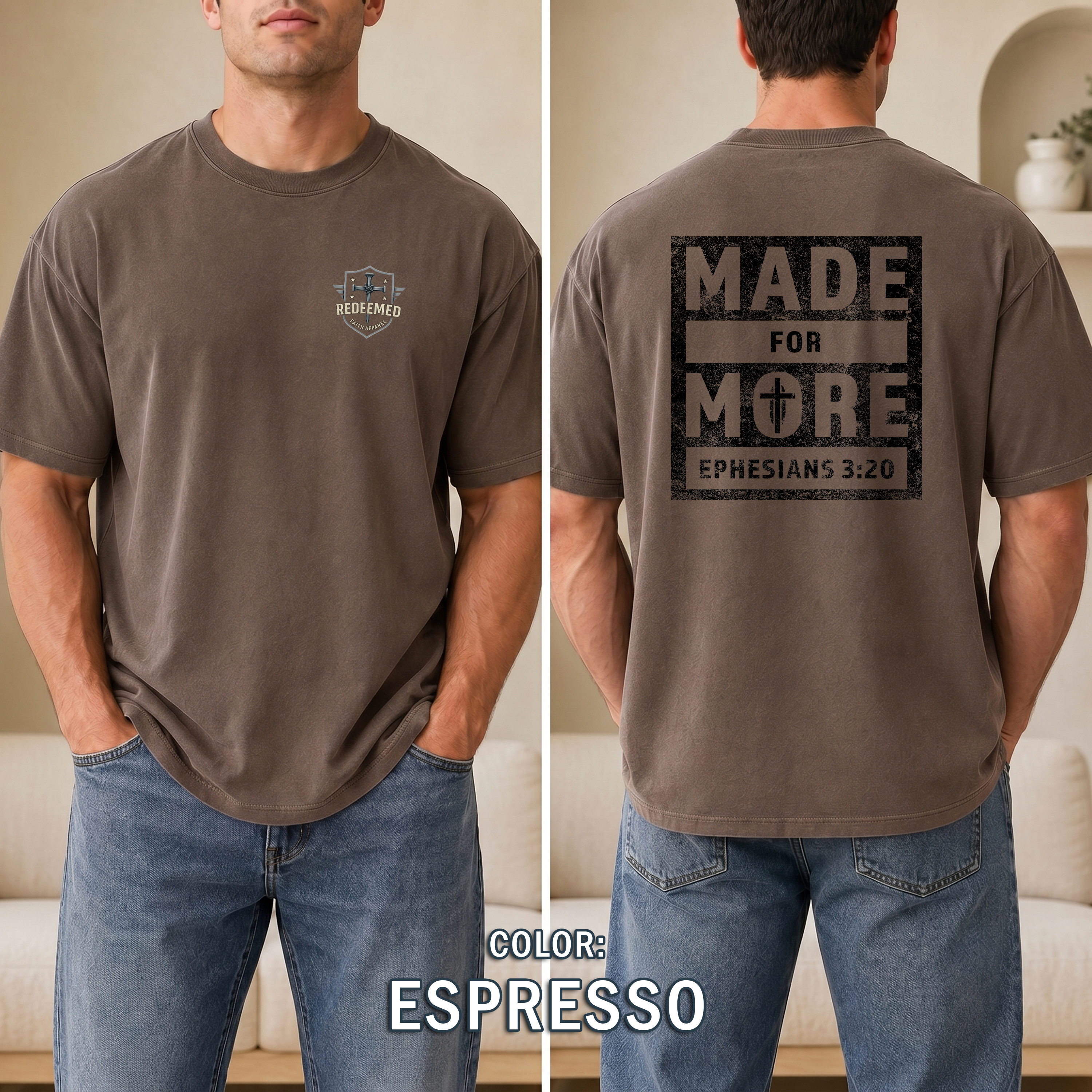 Made for More Christian T-Shirt, Ephesians 3:20 Distressed Tee, Strength & Faith Apparel, Men Gift Shirt, Redeemed Faith Apparel
