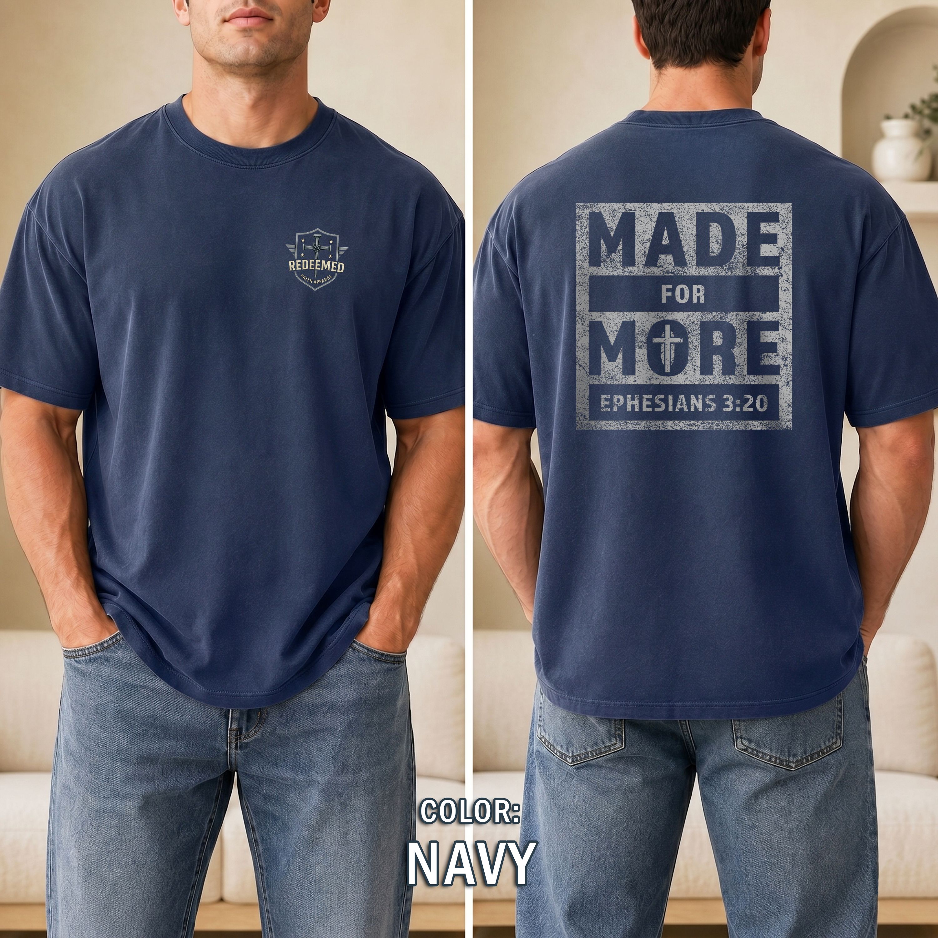 Made for More Christian T-Shirt, Ephesians 3:20 Distressed Tee, Strength & Faith Apparel, Men Gift Shirt, Redeemed Faith Apparel