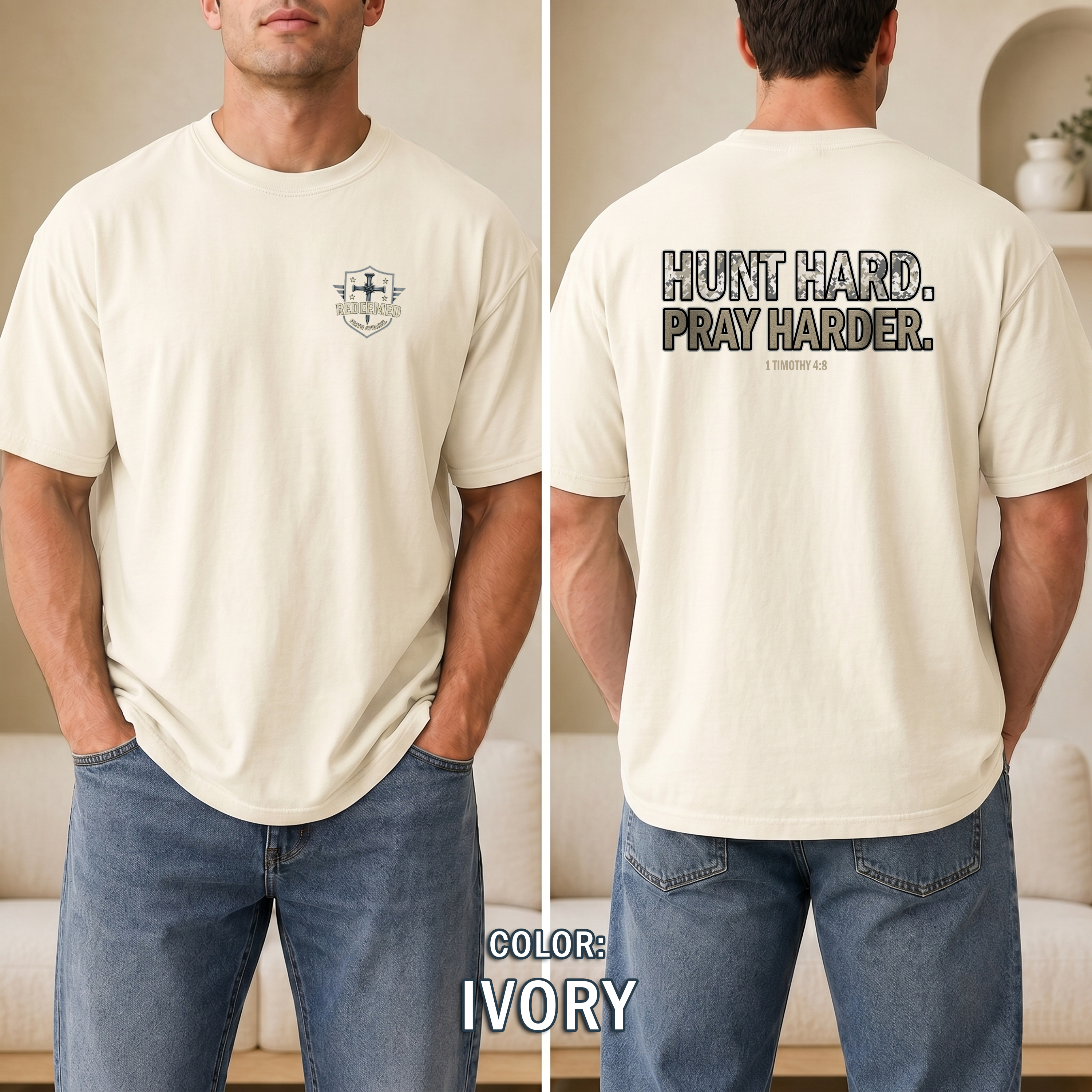 Christian Hunting Shirt, Hunt Hard Pray Hard, 1 Timothy 4:8 Camo Faith Shirt, Hunter Gift, Outdoor Christian Apparel, Redeemed Faith Apparel