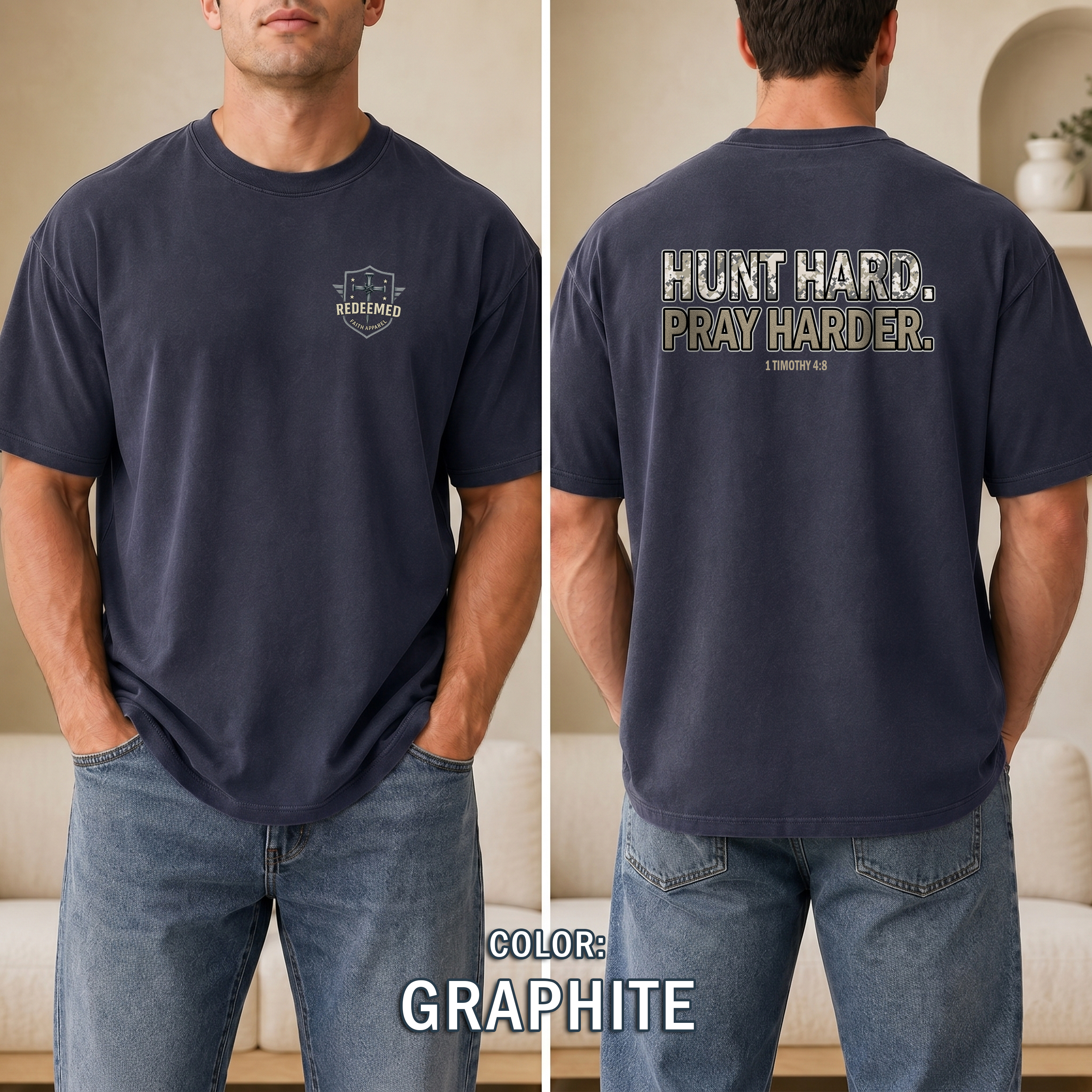 Christian Hunting Shirt, Hunt Hard Pray Hard, 1 Timothy 4:8 Camo Faith Shirt, Hunter Gift, Outdoor Christian Apparel, Redeemed Faith Apparel
