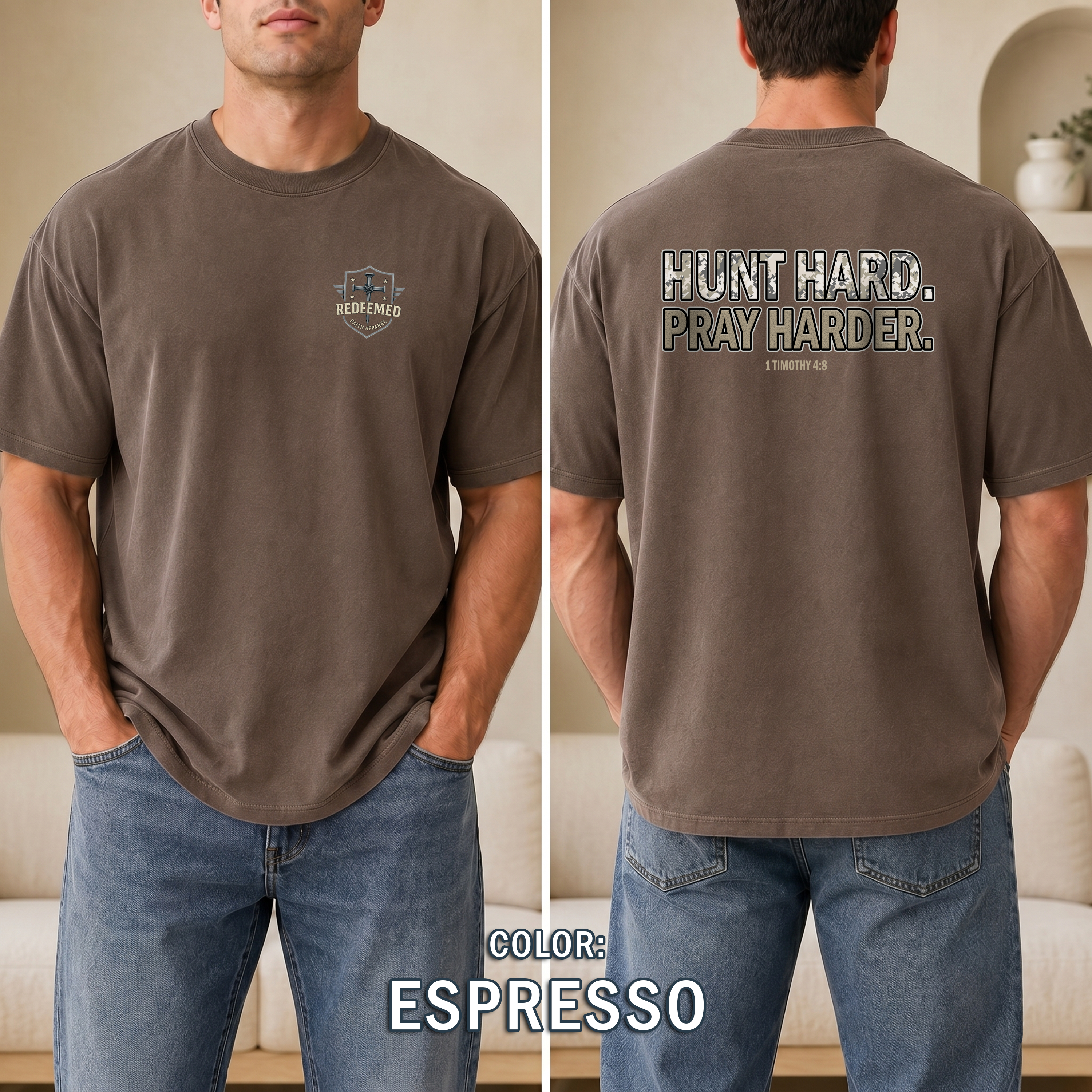 Christian Hunting Shirt, Hunt Hard Pray Hard, 1 Timothy 4:8 Camo Faith Shirt, Hunter Gift, Outdoor Christian Apparel, Redeemed Faith Apparel