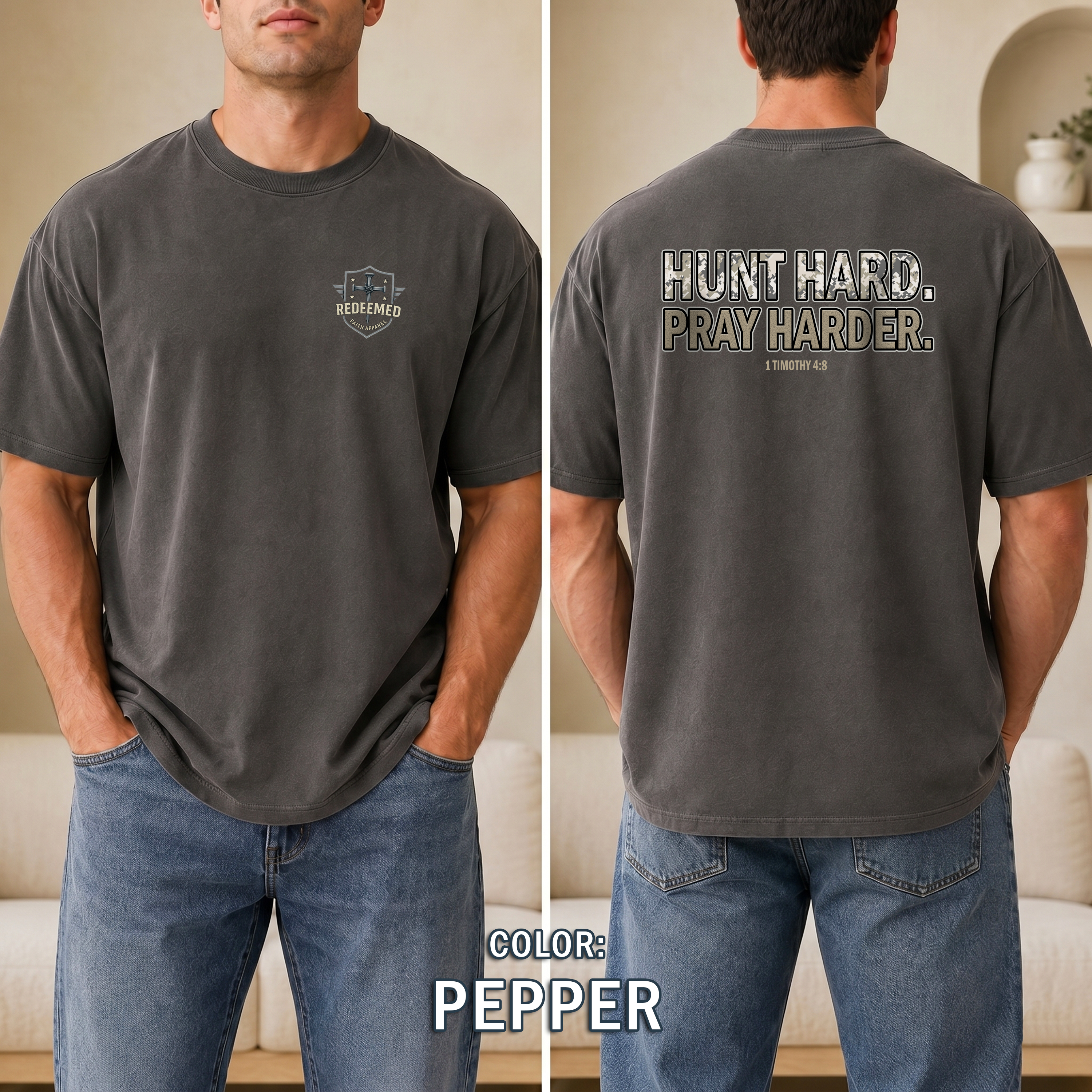 Christian Hunting Shirt, Hunt Hard Pray Hard, 1 Timothy 4:8 Camo Faith Shirt, Hunter Gift, Outdoor Christian Apparel, Redeemed Faith Apparel