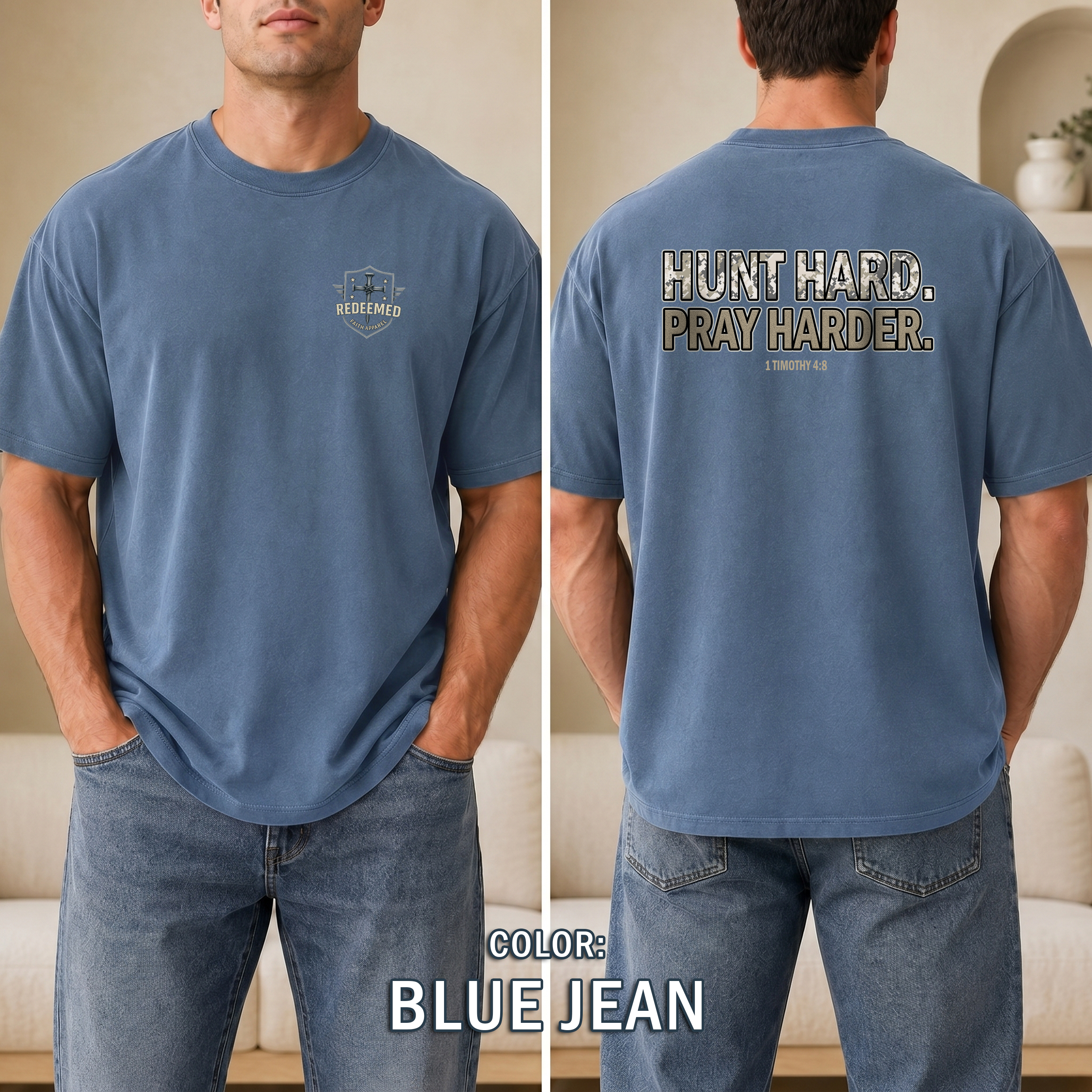 Christian Hunting Shirt, Hunt Hard Pray Hard, 1 Timothy 4:8 Camo Faith Shirt, Hunter Gift, Outdoor Christian Apparel, Redeemed Faith Apparel