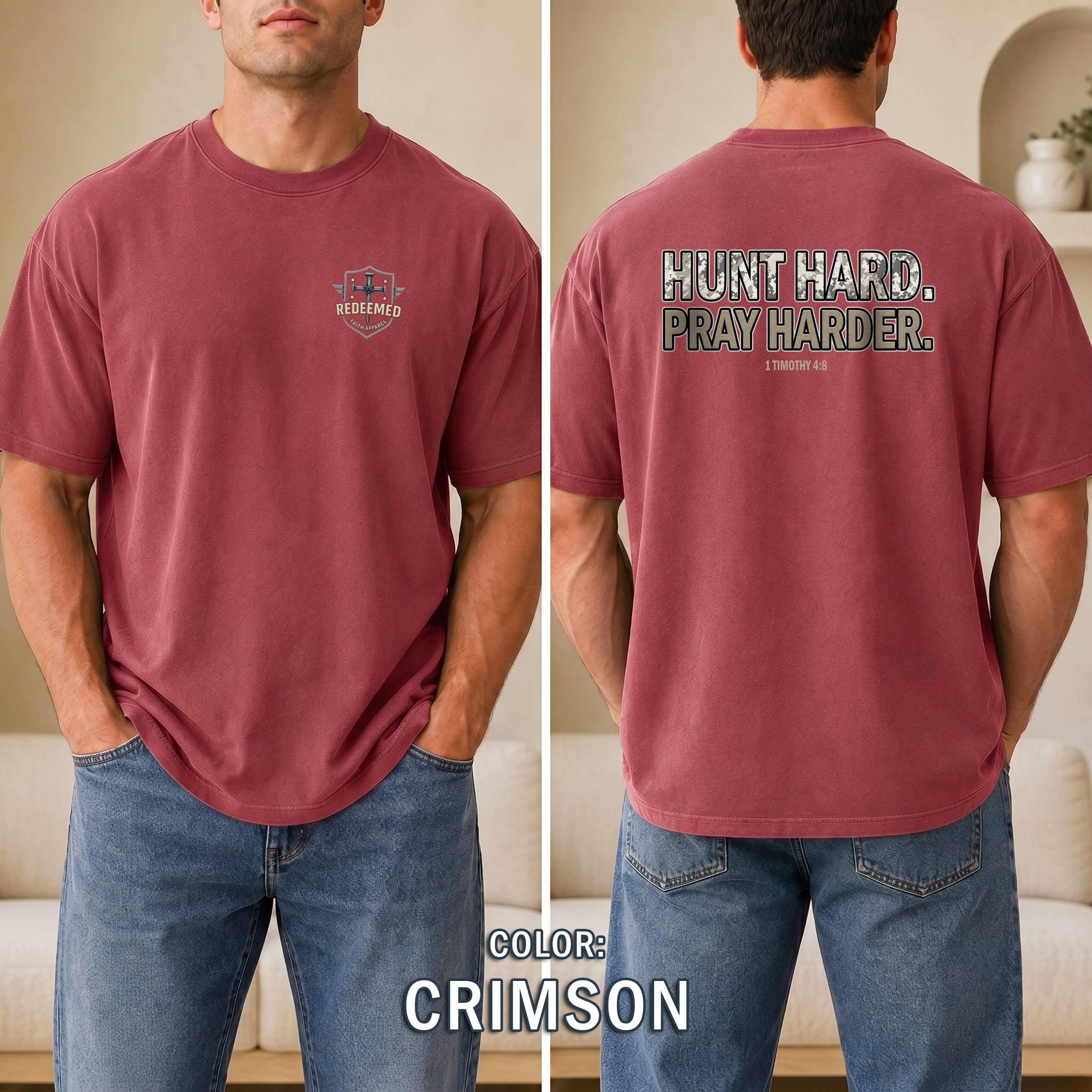 Christian Hunting Shirt, Hunt Hard Pray Hard, 1 Timothy 4:8 Camo Faith Shirt, Hunter Gift, Outdoor Christian Apparel, Redeemed Faith Apparel