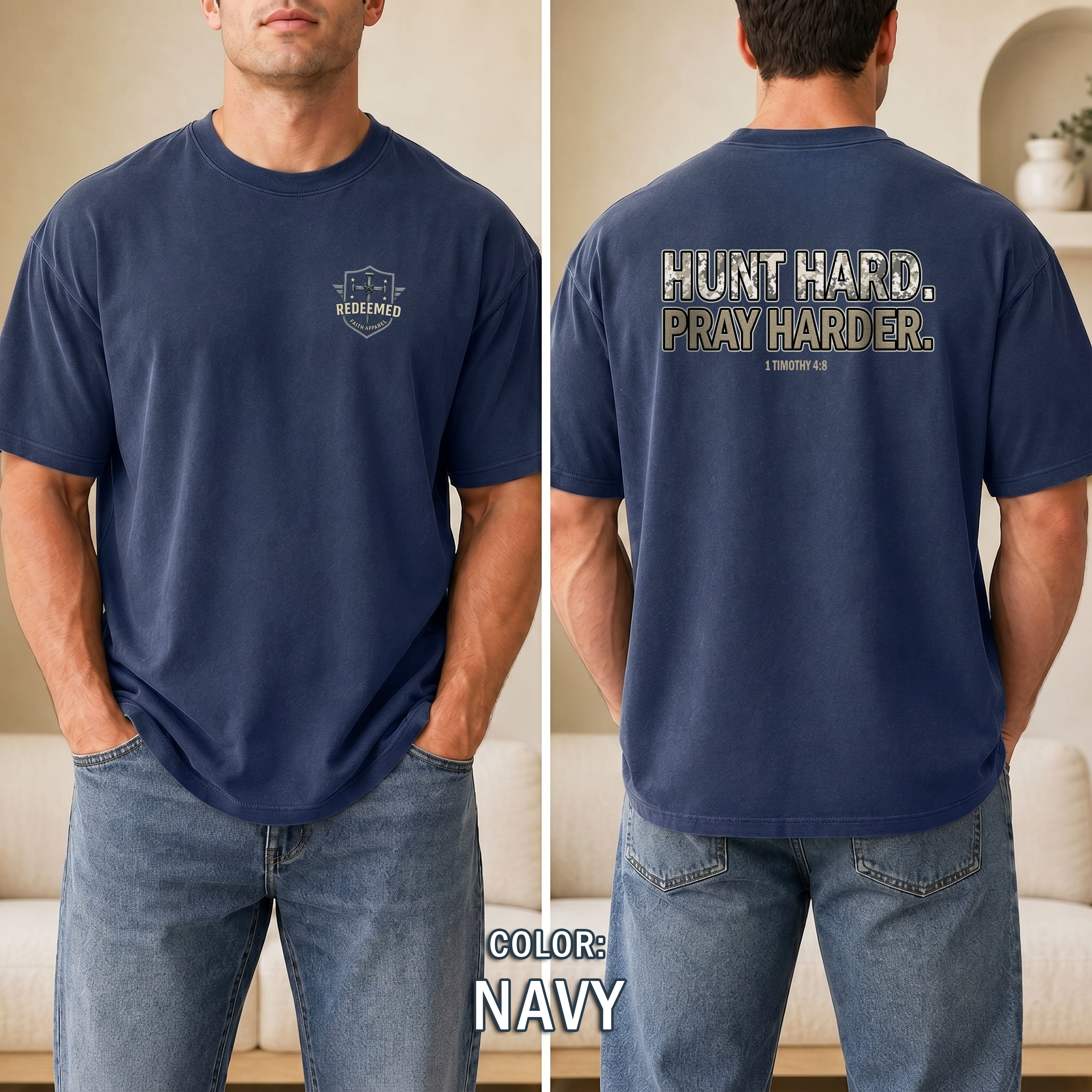 Christian Hunting Shirt, Hunt Hard Pray Hard, 1 Timothy 4:8 Camo Faith Shirt, Hunter Gift, Outdoor Christian Apparel, Redeemed Faith Apparel