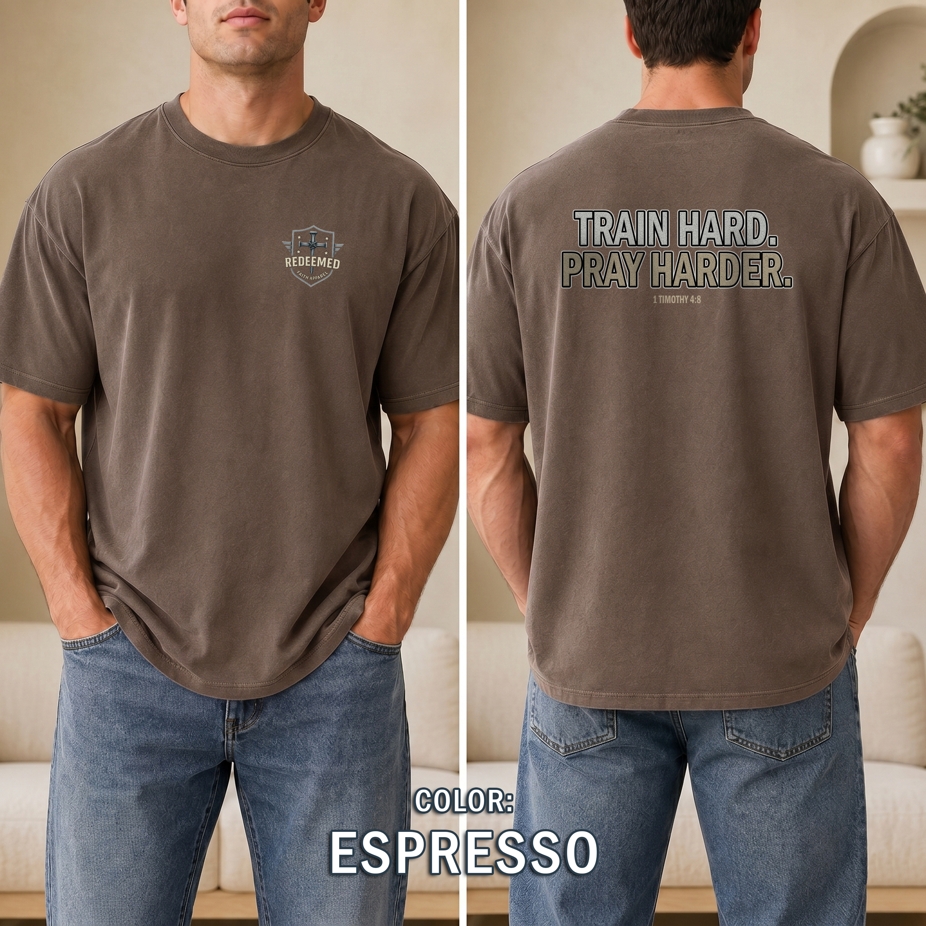 Train Hard Pray Harder Shirt, Christian Fitness T-Shirt, 1 Timothy 48 Bible Verse Workout Apparel, T-Shirt for Men, Redeemed Faith Apparel