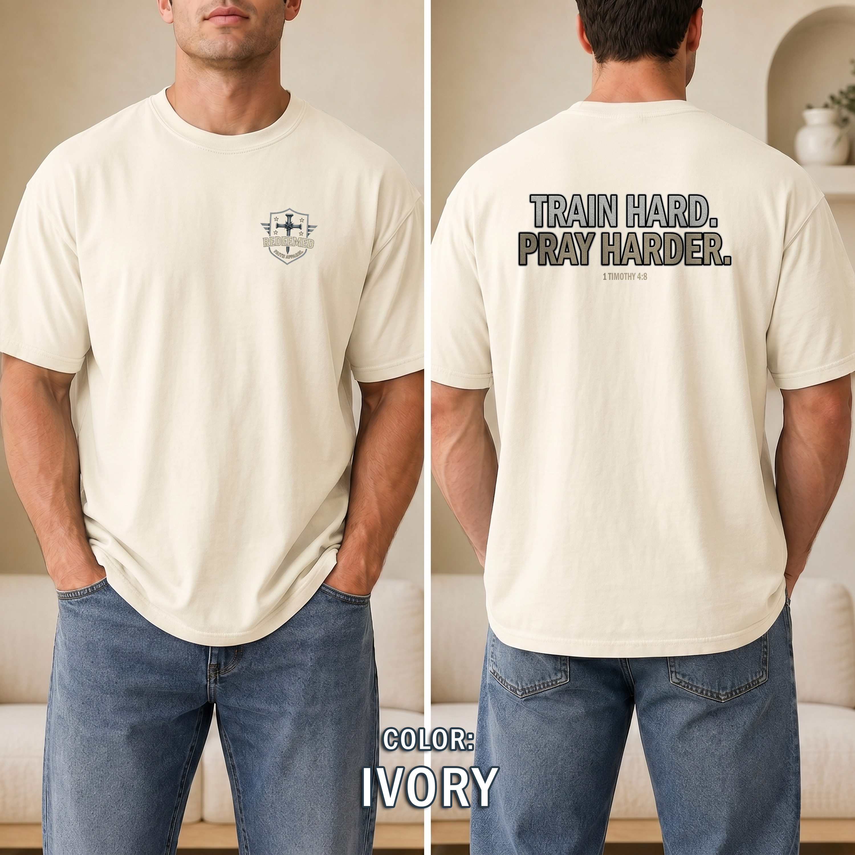 Train Hard Pray Harder Shirt, Christian Fitness T-Shirt, 1 Timothy 48 Bible Verse Workout Apparel, T-Shirt for Men, Redeemed Faith Apparel