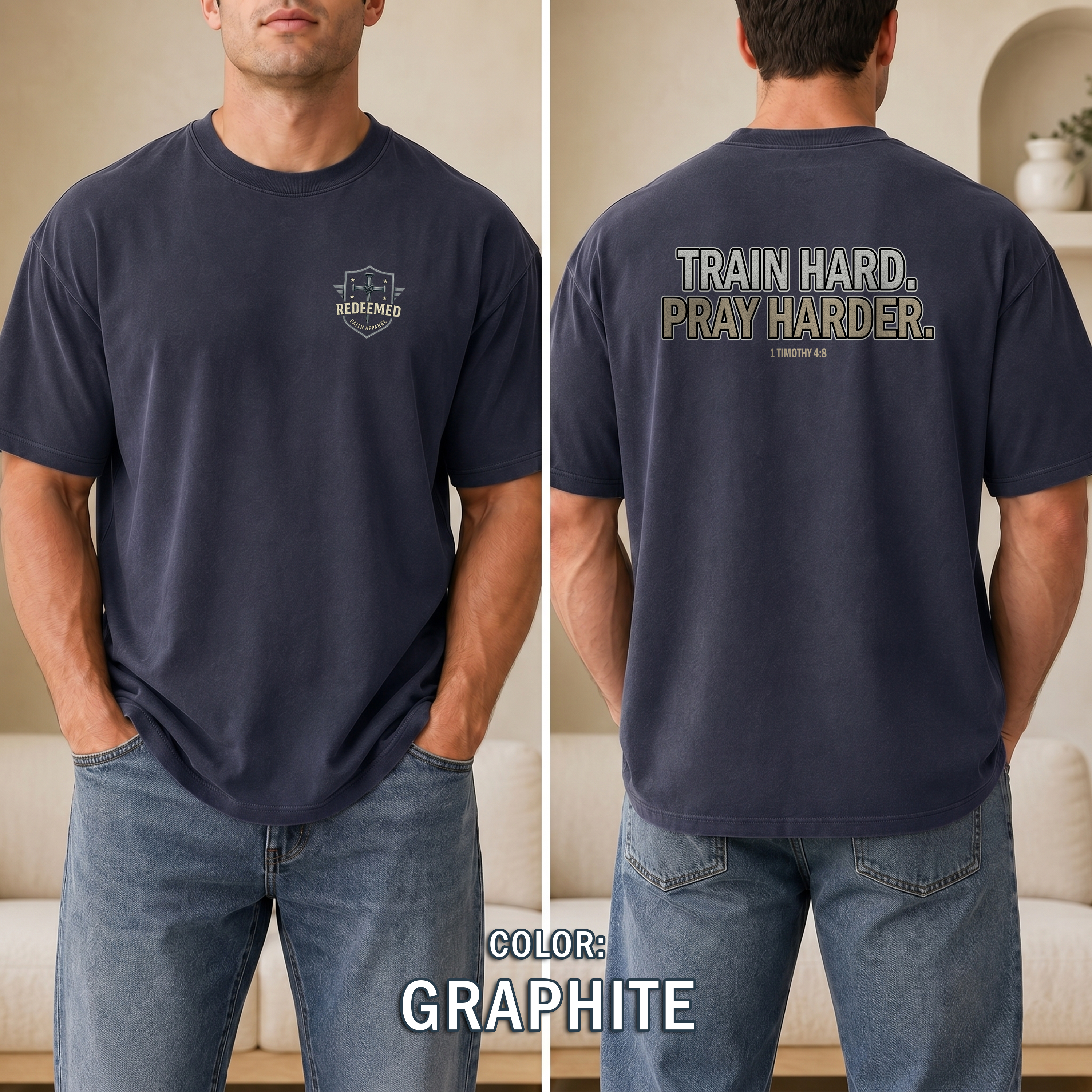 Train Hard Pray Harder Shirt, Christian Fitness T-Shirt, 1 Timothy 48 Bible Verse Workout Apparel, T-Shirt for Men, Redeemed Faith Apparel