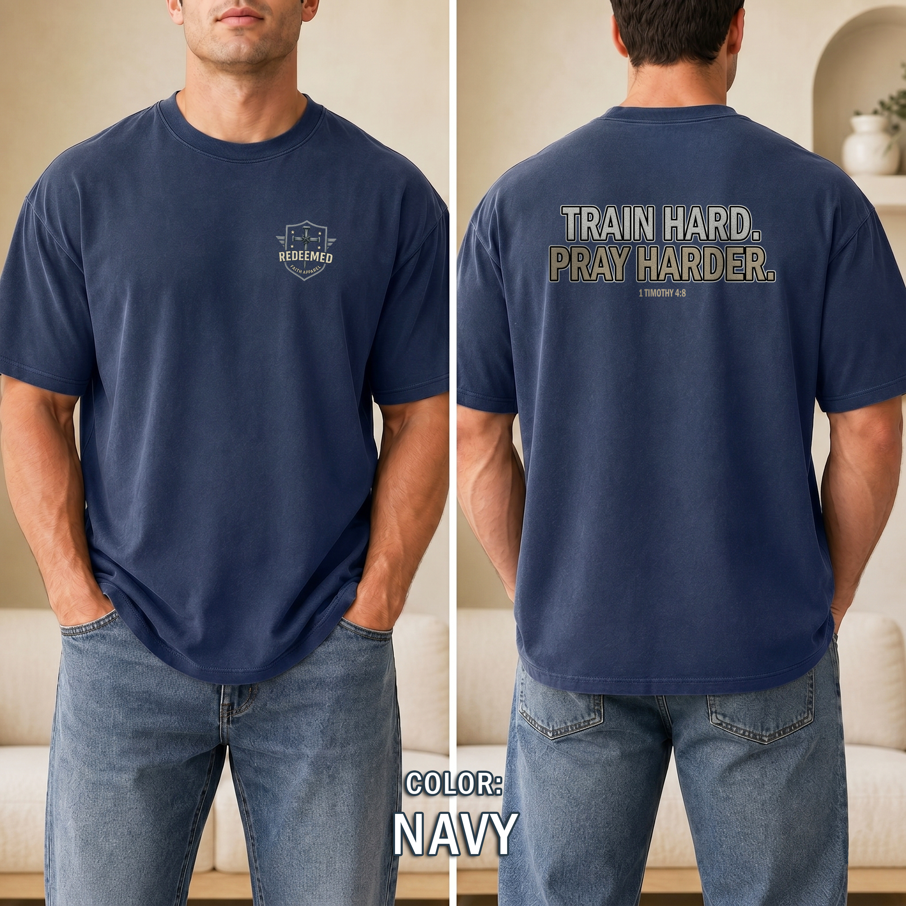 Train Hard Pray Harder Shirt, Christian Fitness T-Shirt, 1 Timothy 48 Bible Verse Workout Apparel, T-Shirt for Men, Redeemed Faith Apparel
