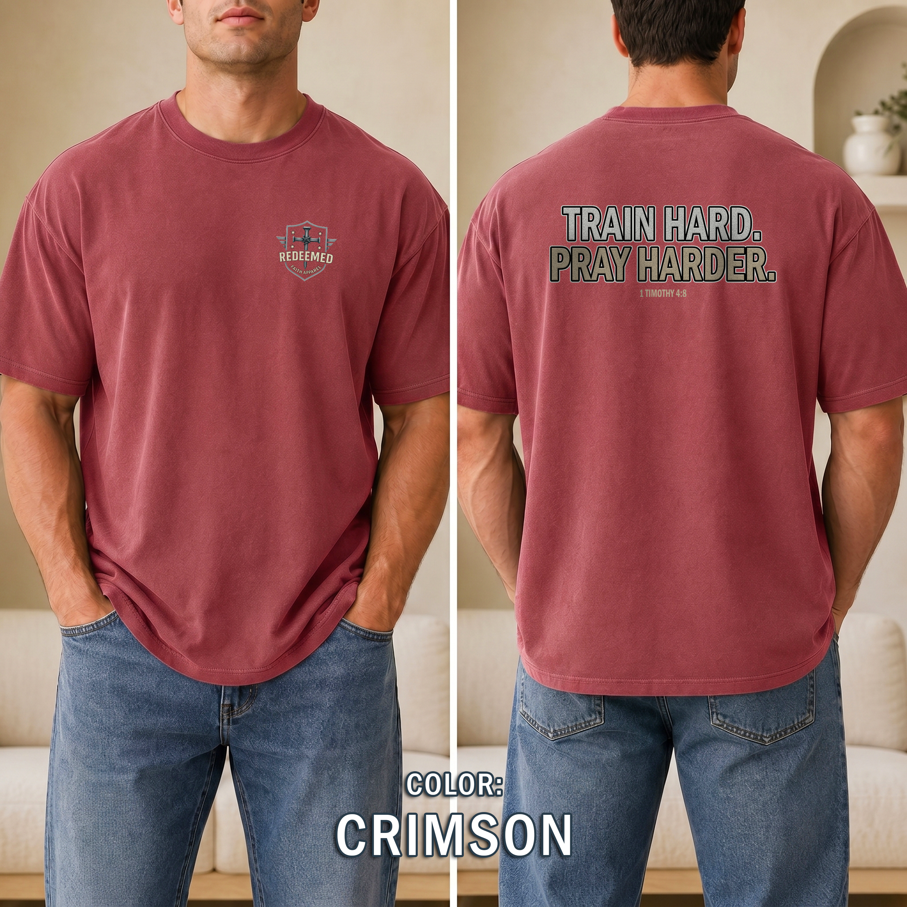 Train Hard Pray Harder Shirt, Christian Fitness T-Shirt, 1 Timothy 48 Bible Verse Workout Apparel, T-Shirt for Men, Redeemed Faith Apparel