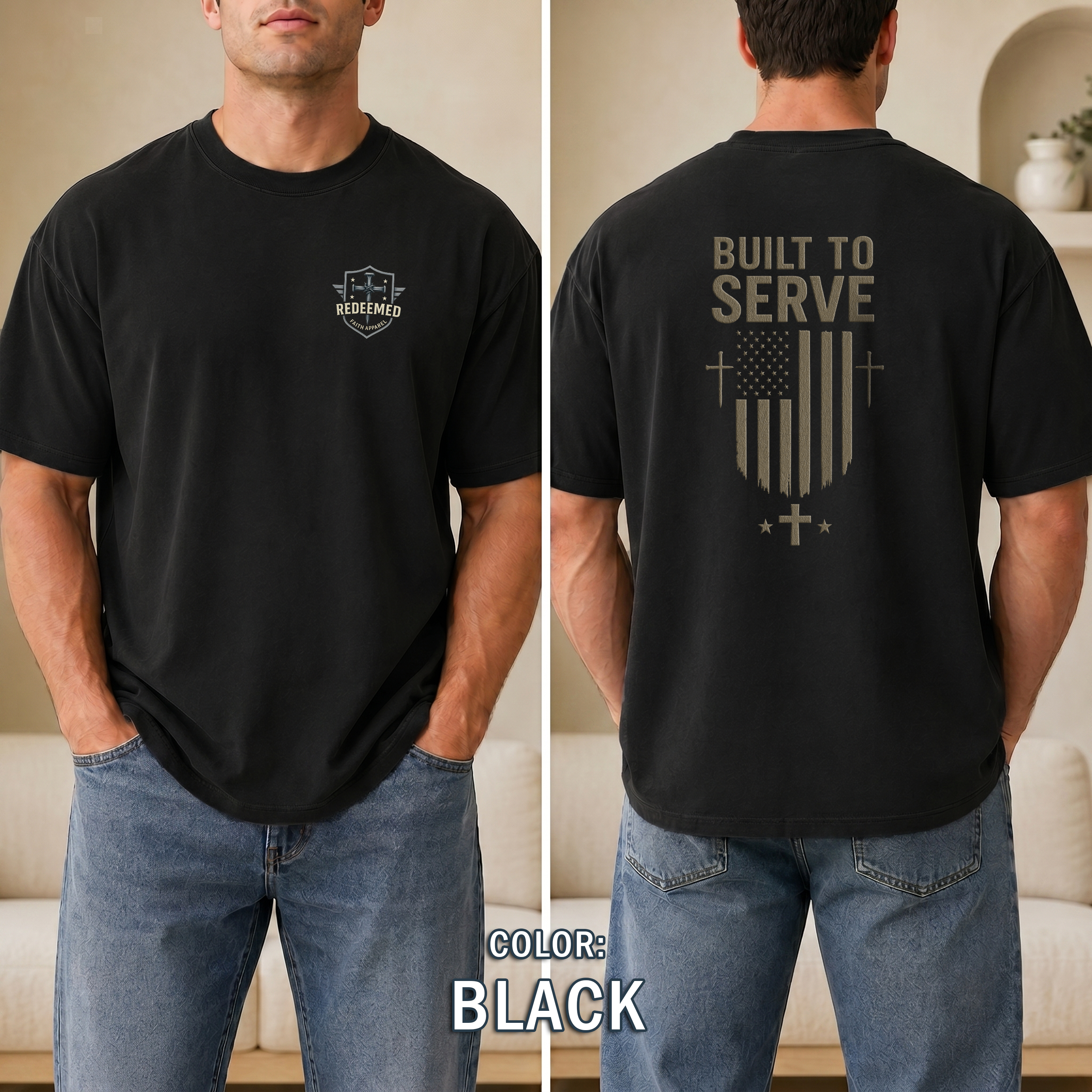 Built to Serve Christian T-Shirt - Patriotic Faith Tee with Cross and Flag Design, Bold Inspirational Shirt for Men, Redeemed Faith Apparel