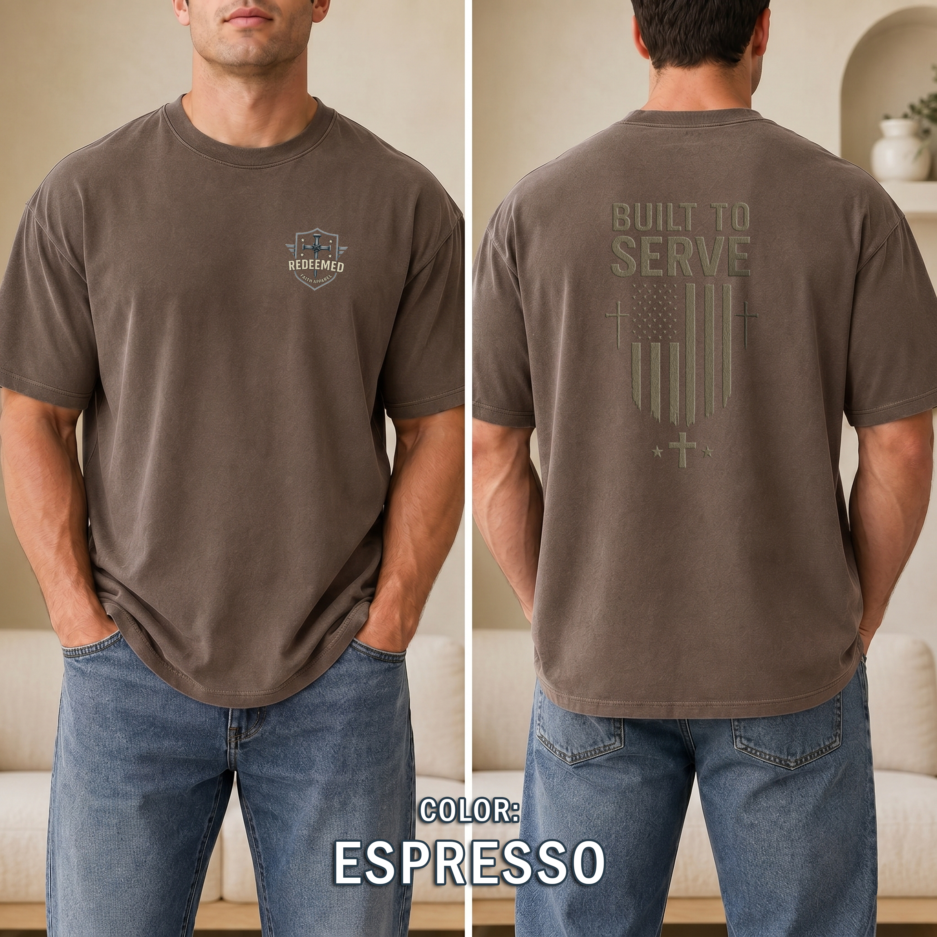 Built to Serve Christian T-Shirt - Patriotic Faith Tee with Cross and Flag Design, Bold Inspirational Shirt for Men, Redeemed Faith Apparel