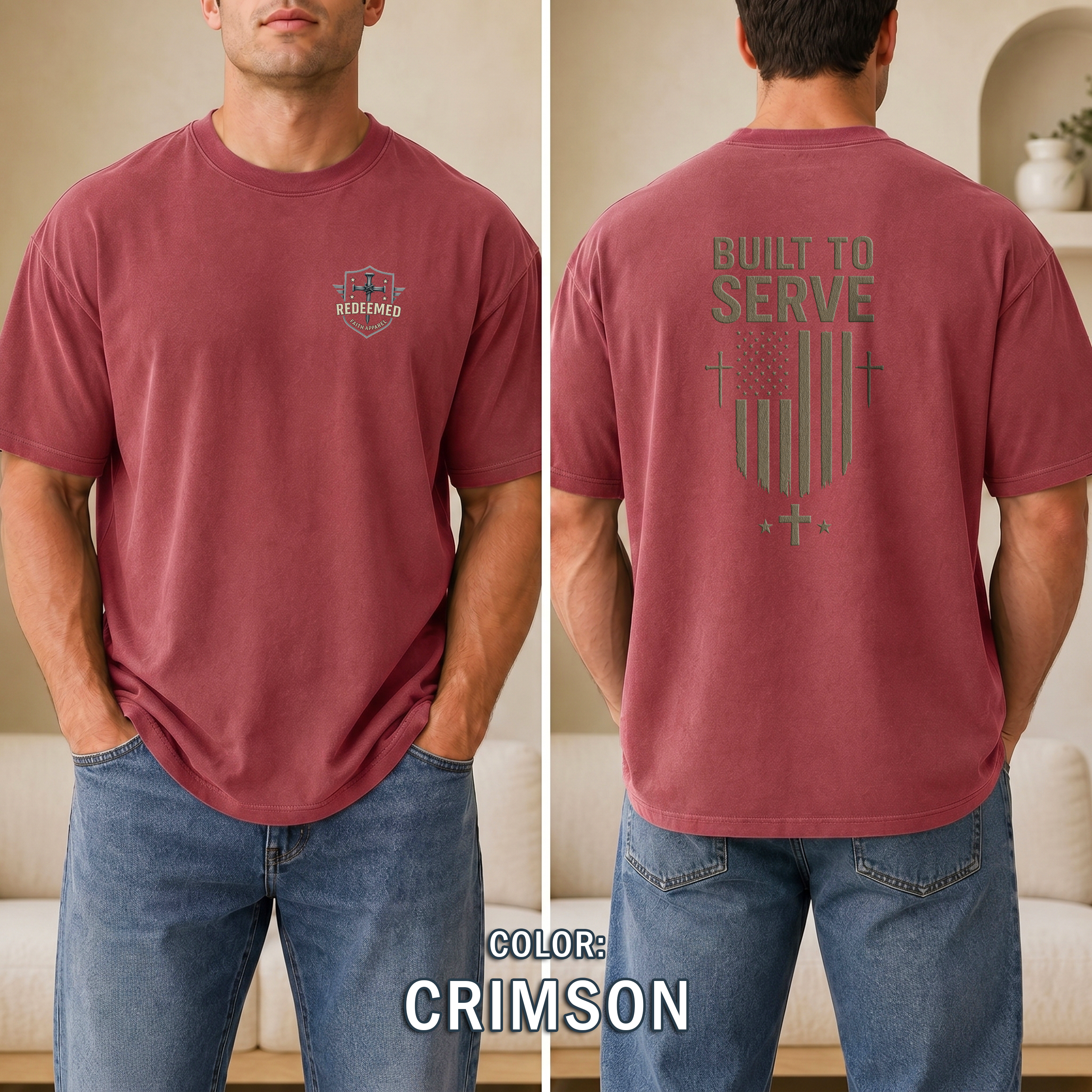Built to Serve Christian T-Shirt - Patriotic Faith Tee with Cross and Flag Design, Bold Inspirational Shirt for Men, Redeemed Faith Apparel