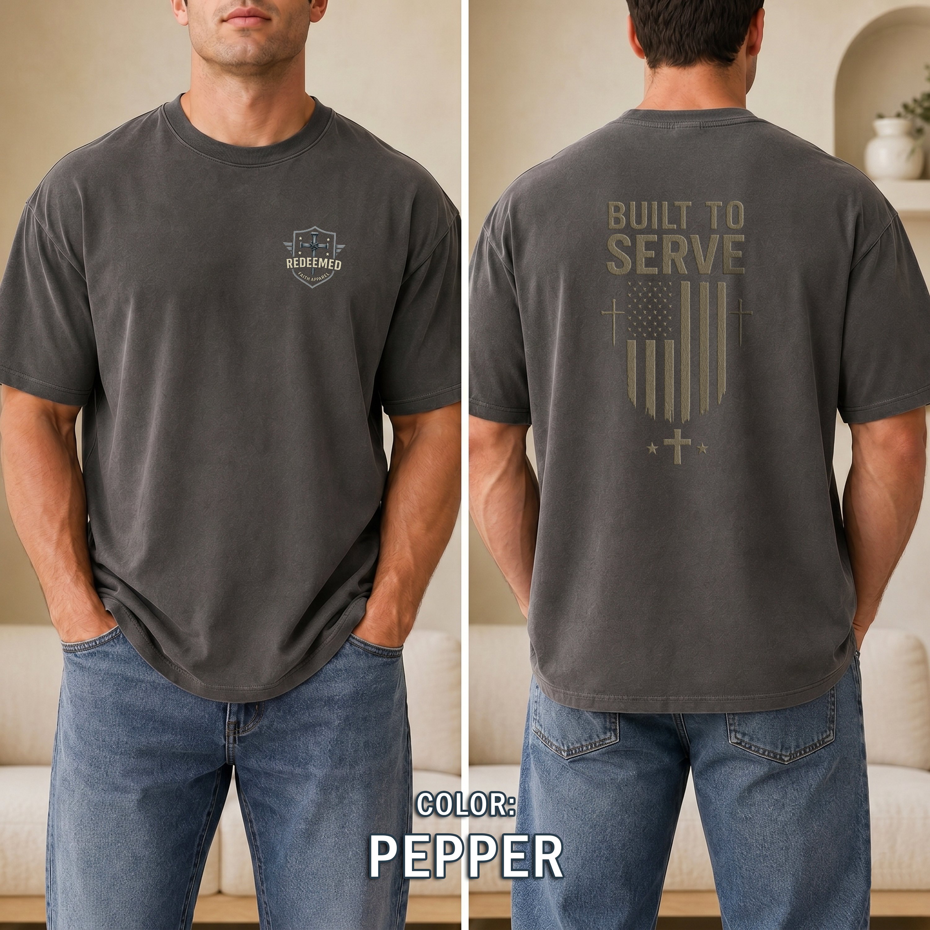 Built to Serve Christian T-Shirt - Patriotic Faith Tee with Cross and Flag Design, Bold Inspirational Shirt for Men, Redeemed Faith Apparel
