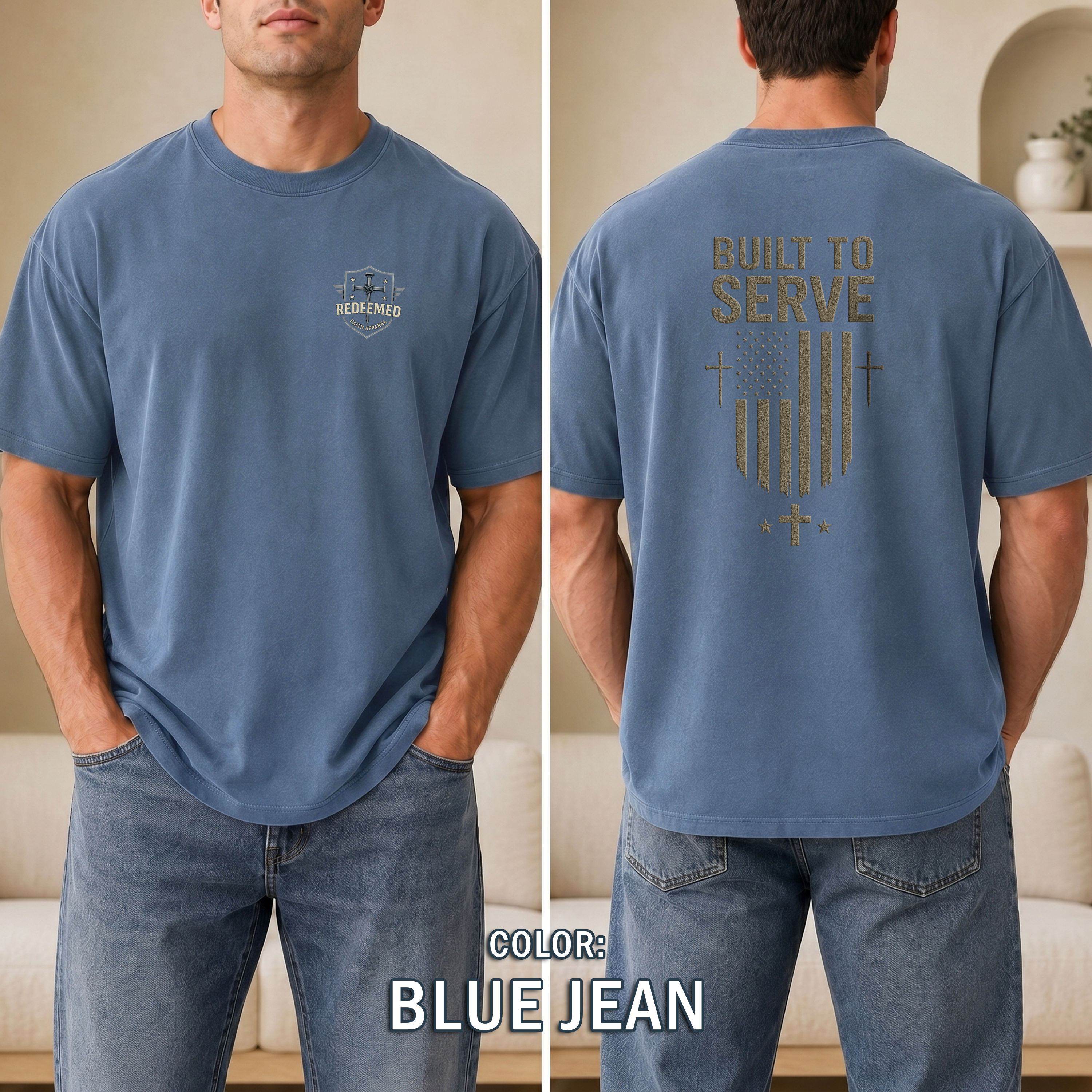 Built to Serve Christian T-Shirt - Patriotic Faith Tee with Cross and Flag Design, Bold Inspirational Shirt for Men, Redeemed Faith Apparel