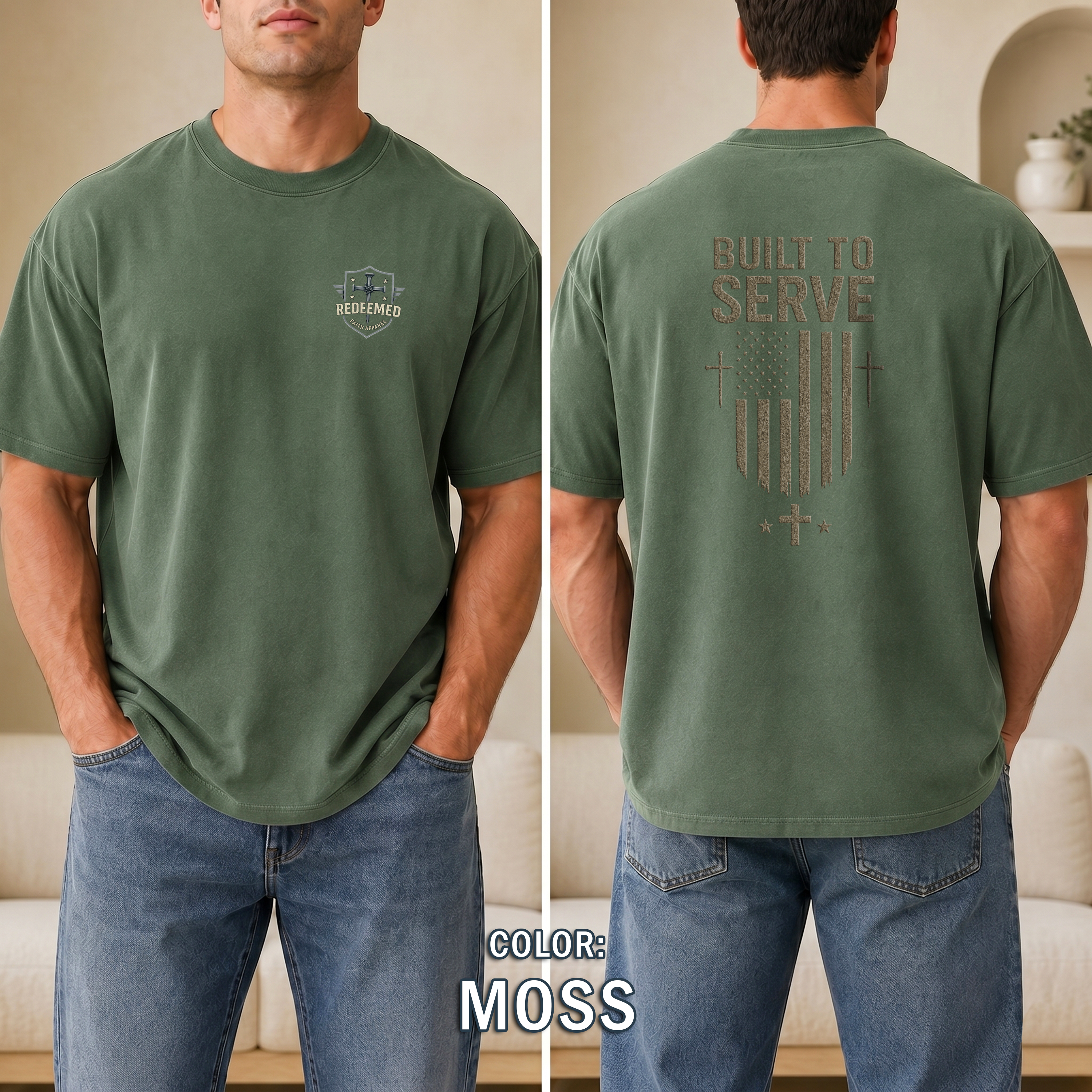 Built to Serve Christian T-Shirt - Patriotic Faith Tee with Cross and Flag Design, Bold Inspirational Shirt for Men, Redeemed Faith Apparel