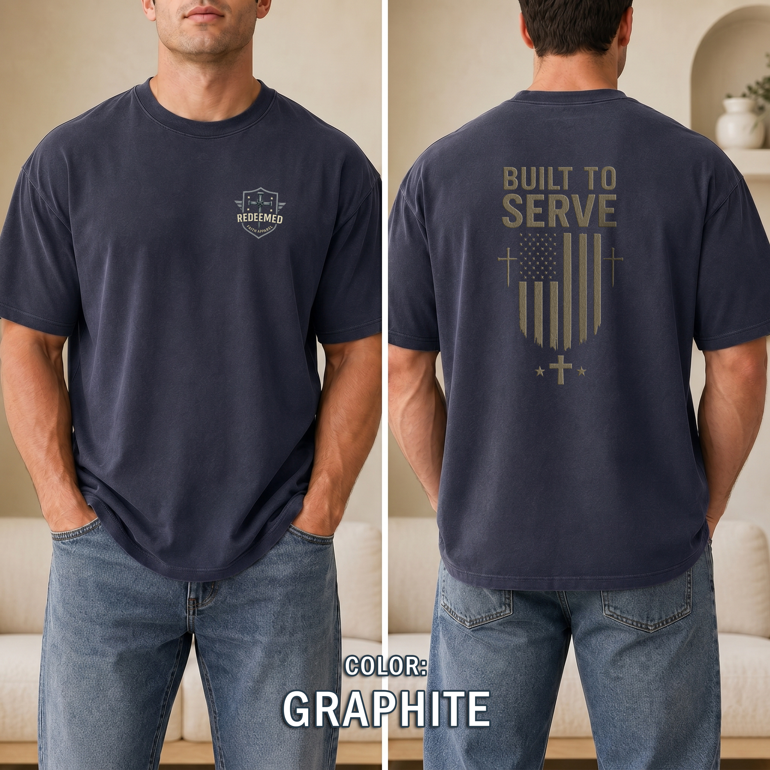 Built to Serve Christian T-Shirt - Patriotic Faith Tee with Cross and Flag Design, Bold Inspirational Shirt for Men, Redeemed Faith Apparel
