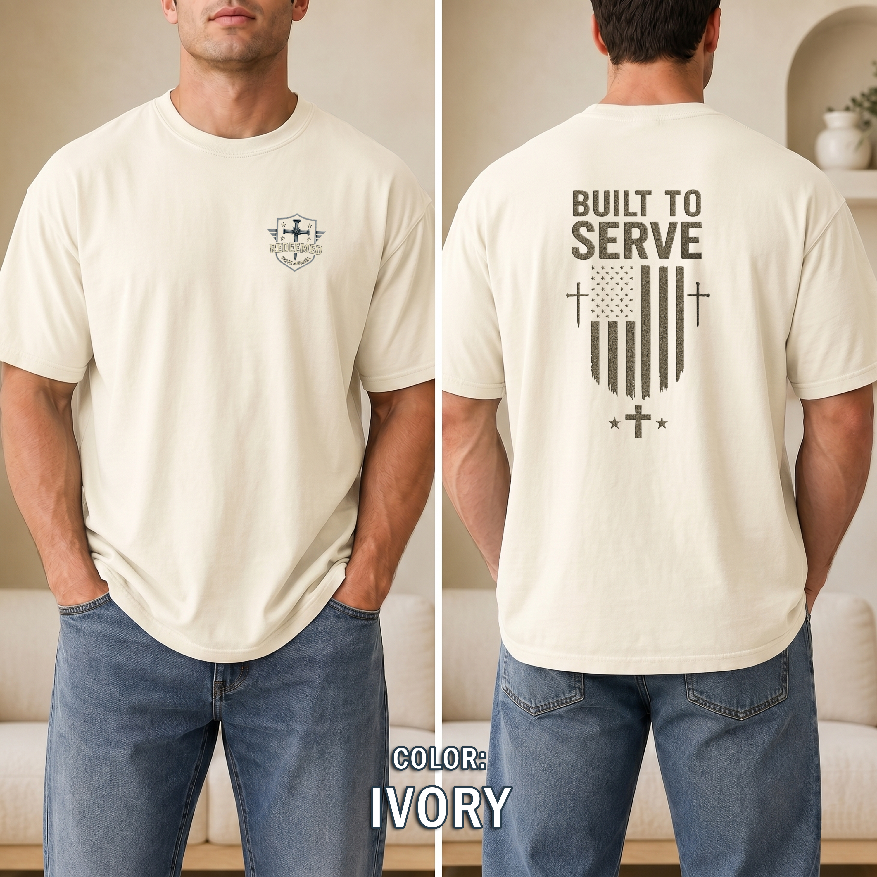 Built to Serve Christian T-Shirt - Patriotic Faith Tee with Cross and Flag Design, Bold Inspirational Shirt for Men, Redeemed Faith Apparel