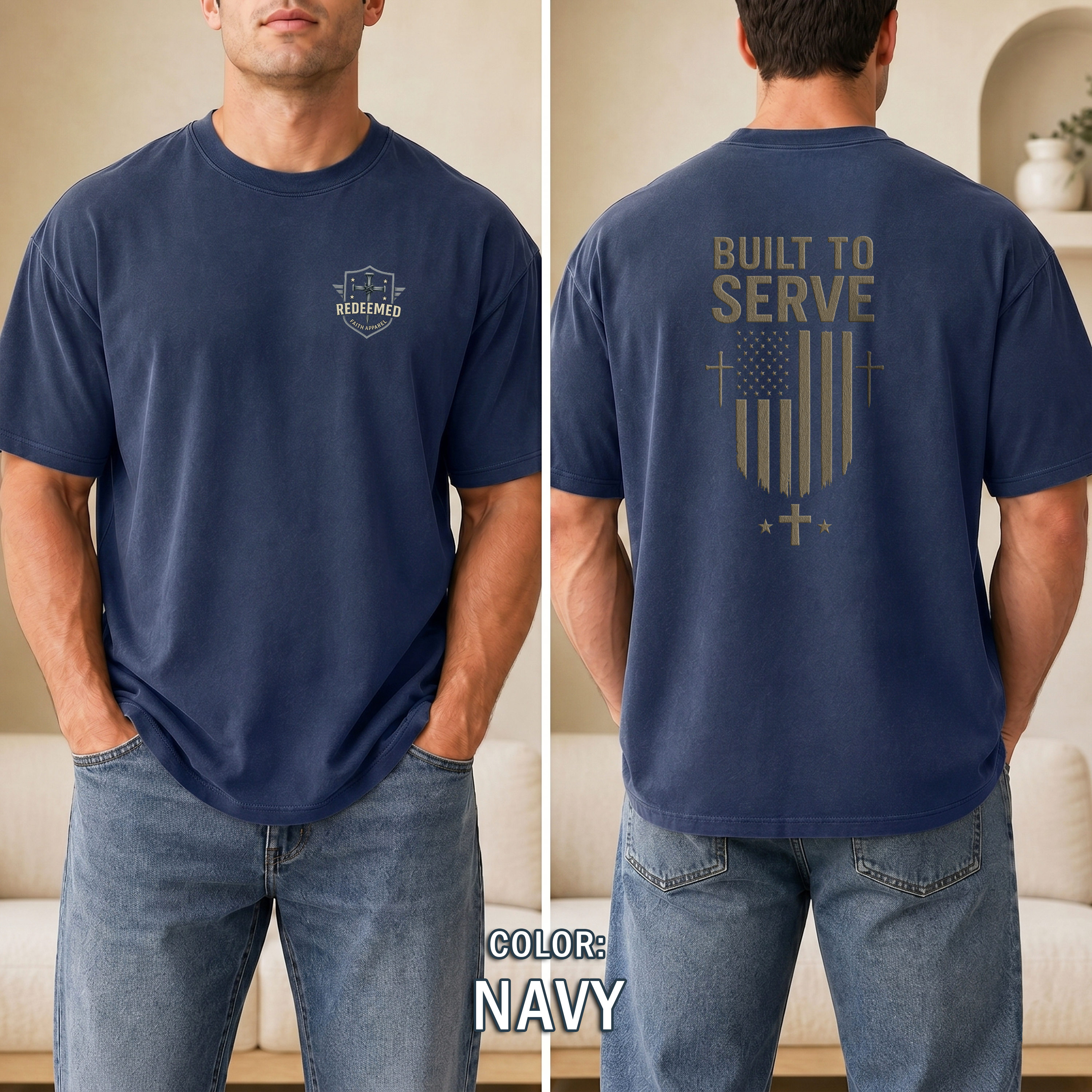 Built to Serve Christian T-Shirt - Patriotic Faith Tee with Cross and Flag Design, Bold Inspirational Shirt for Men, Redeemed Faith Apparel