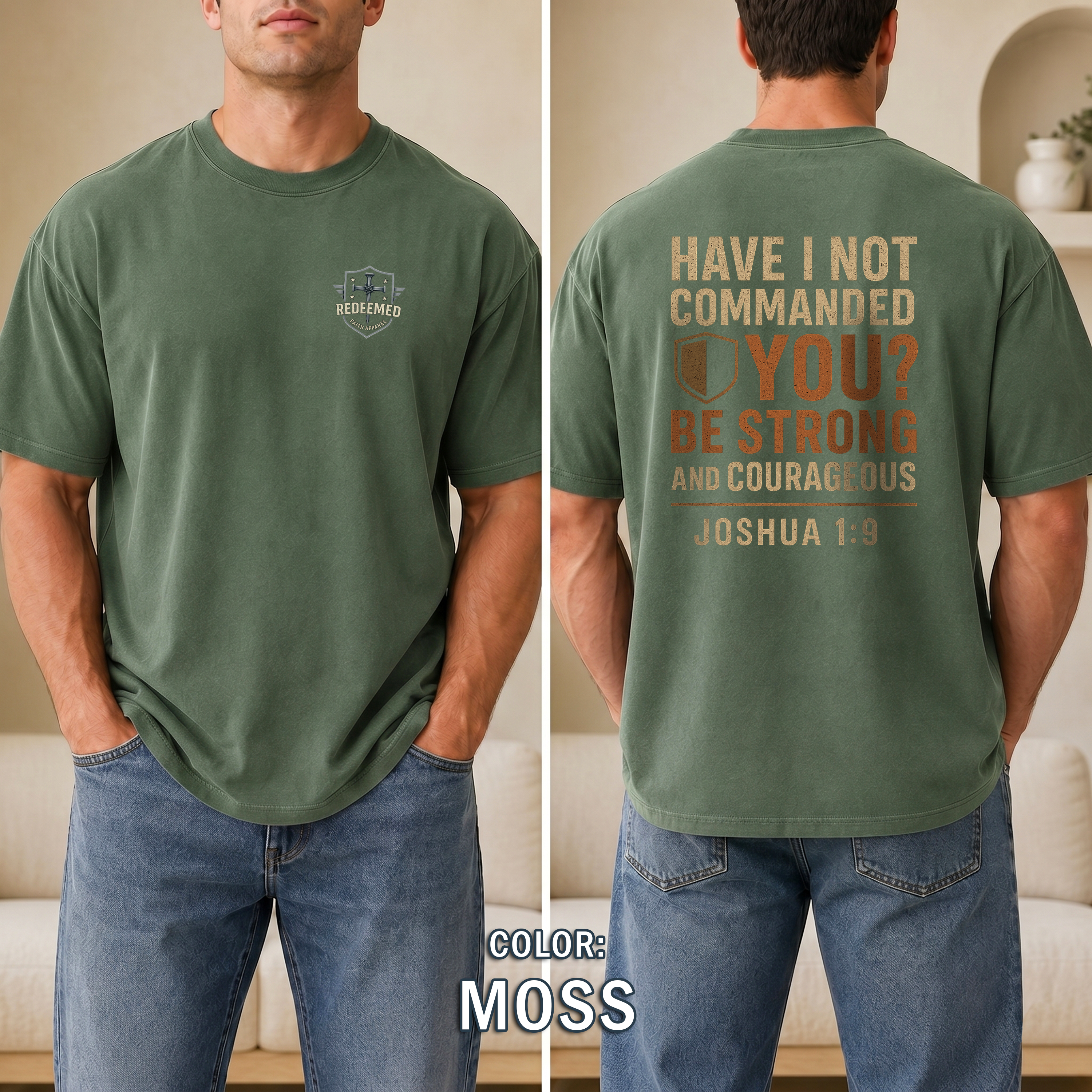 Be Strong and Courageous Christian T Shirt - Joshua 1:9 Bible Verse Tee, Bold Faith T-Shirt, Redeemed Faith Apparel, Christian Gift For Men
