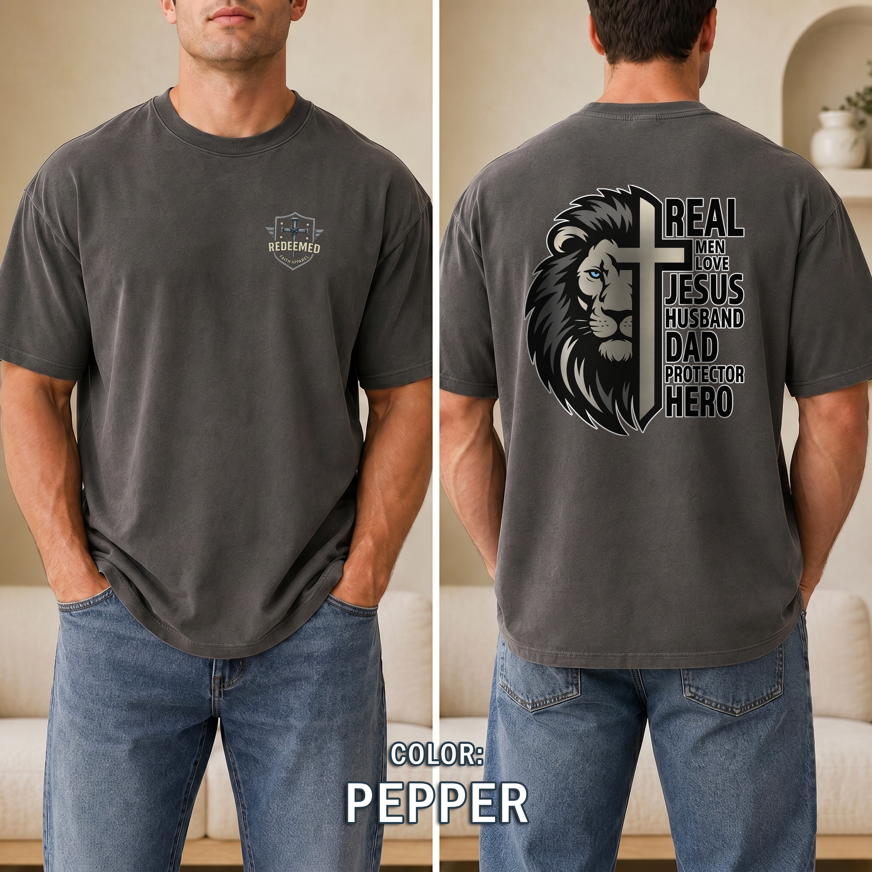 Real Men Love Jesus Lion Christian Shirt, Husband Dad Protector Hero Faith Tee, Christian Mens Shirt, Redeemed Faith Apparel, Joshua 1:9 Tee