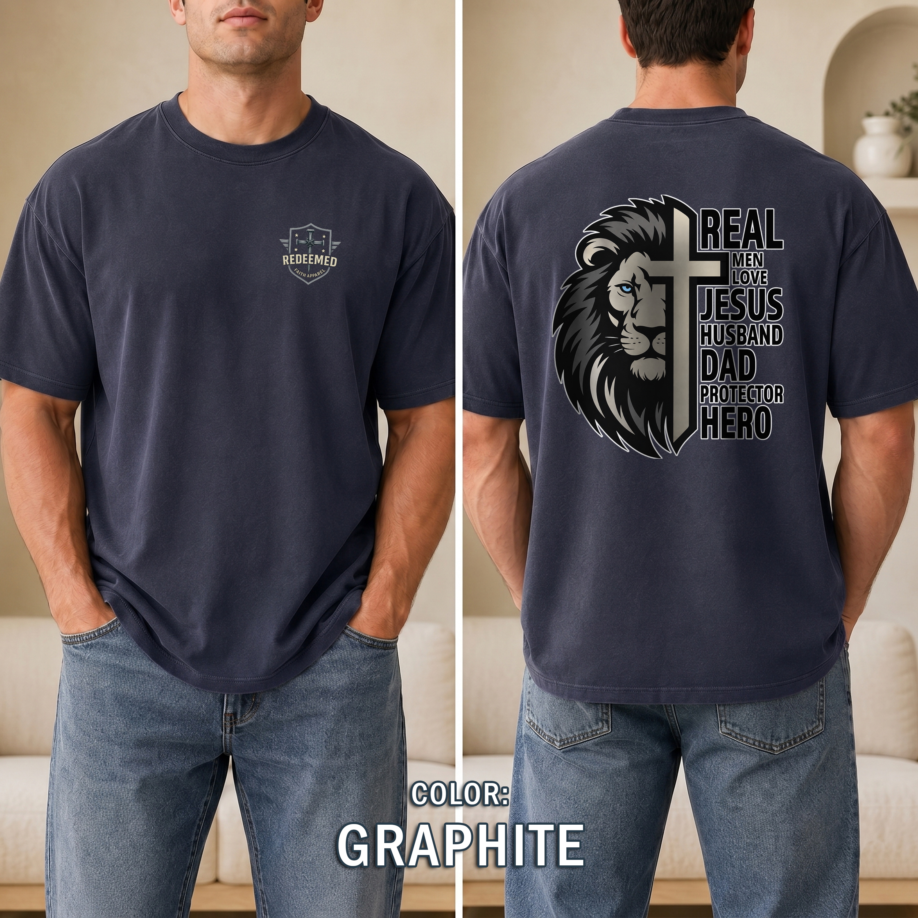 Real Men Love Jesus Lion Christian Shirt, Husband Dad Protector Hero Faith Tee, Christian Mens Shirt, Redeemed Faith Apparel, Joshua 1:9 Tee