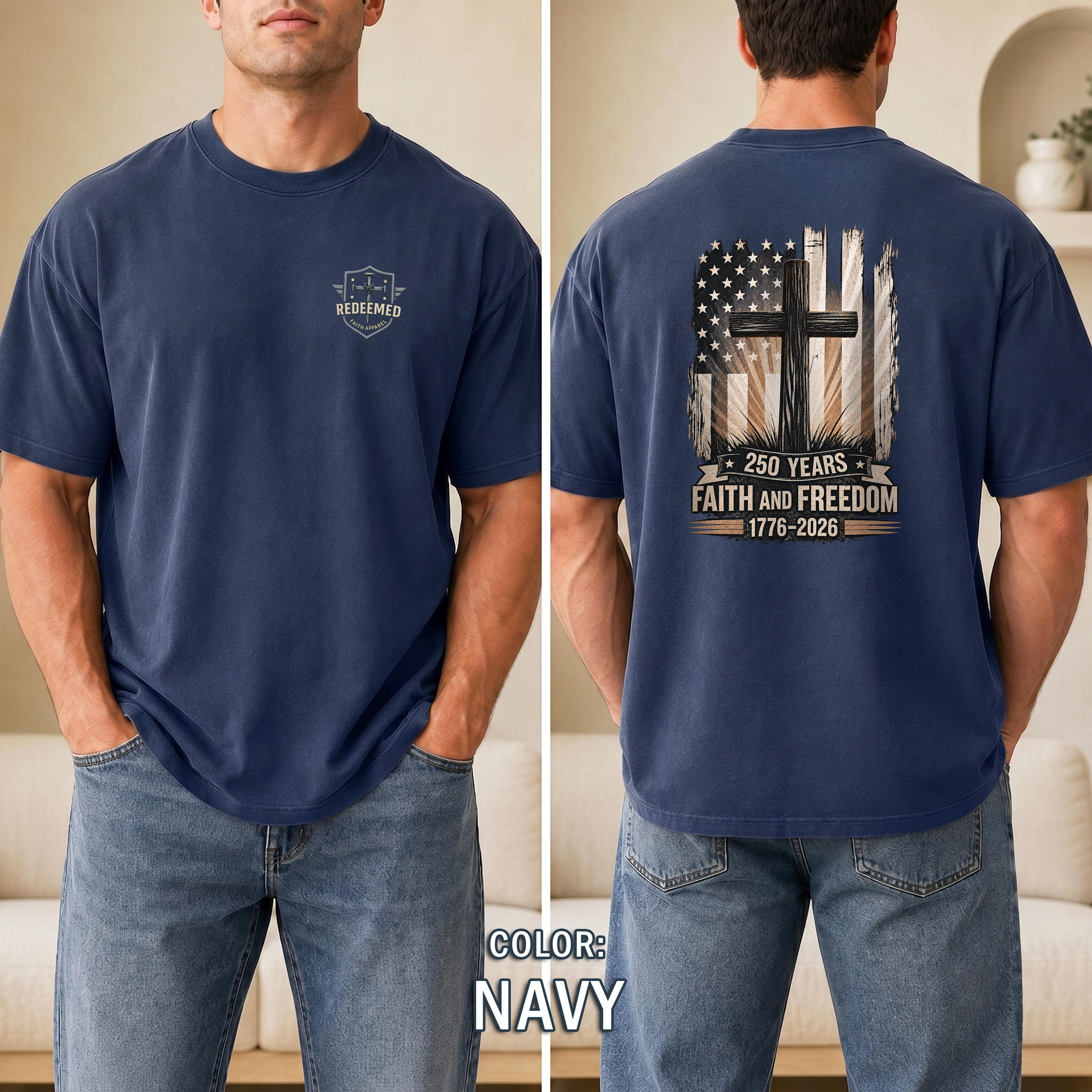 250 Years Faith and Freedom Christian Patriotic T-Shirt, America 1776-2026 Cross Shirt, Christian Patriotic Tee, Redeemed Faith Apparel