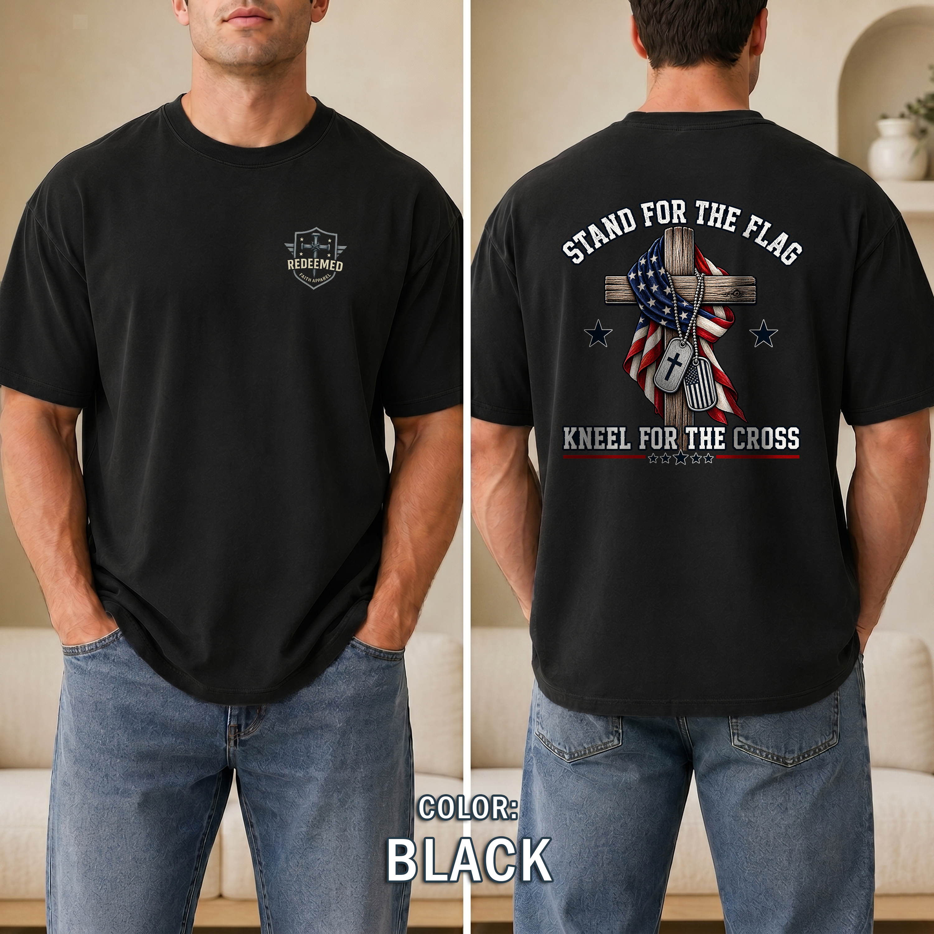 Stand for the Flag Kneel for the Cross Shirt, Christian Patriotic T-Shirt, US Flag Cross Tee, Faith & Freedom Shirt, Redeemed Faith Apparel