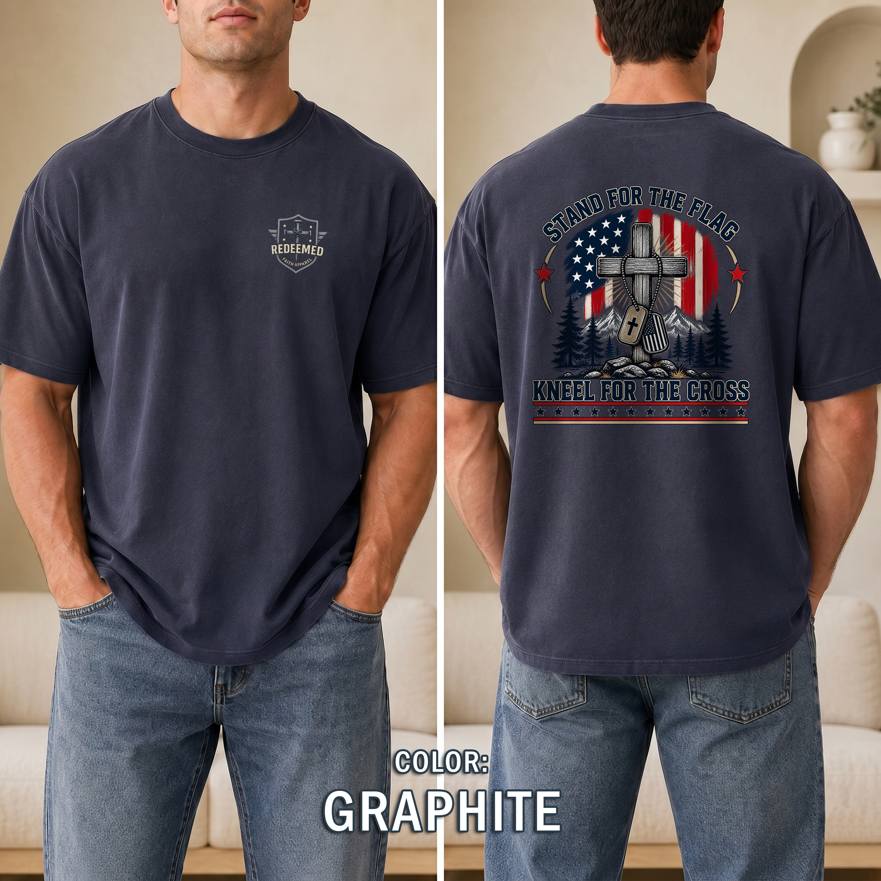 Stand for the Flag Kneel for the Cross Christian Patriotic T-Shirt, American Flag Cross Shirt, Christian Patriot Tee, Redeemed Faith Apparel