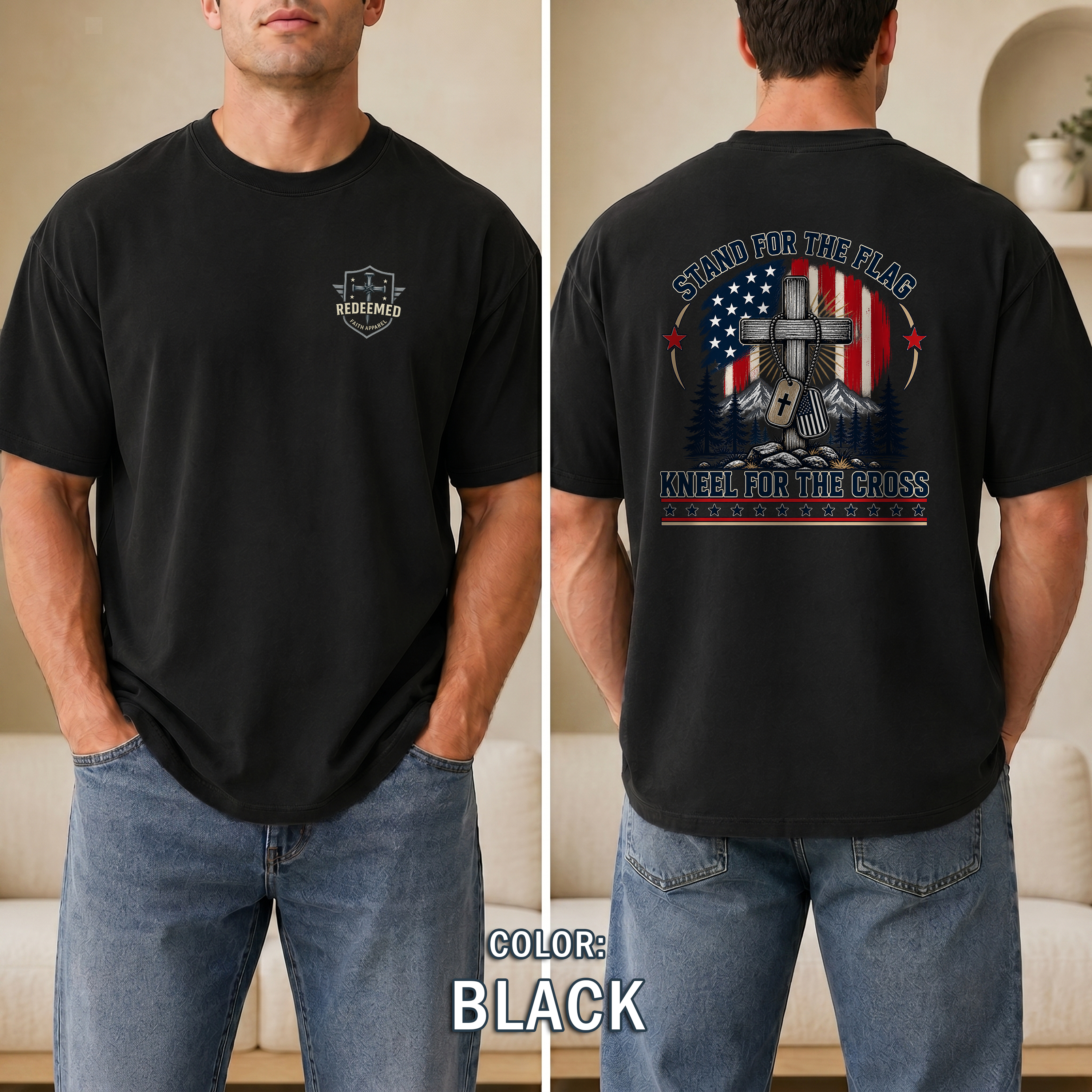 Stand for the Flag Kneel for the Cross Christian Patriotic T-Shirt, American Flag Cross Shirt, Christian Patriot Tee, Redeemed Faith Apparel