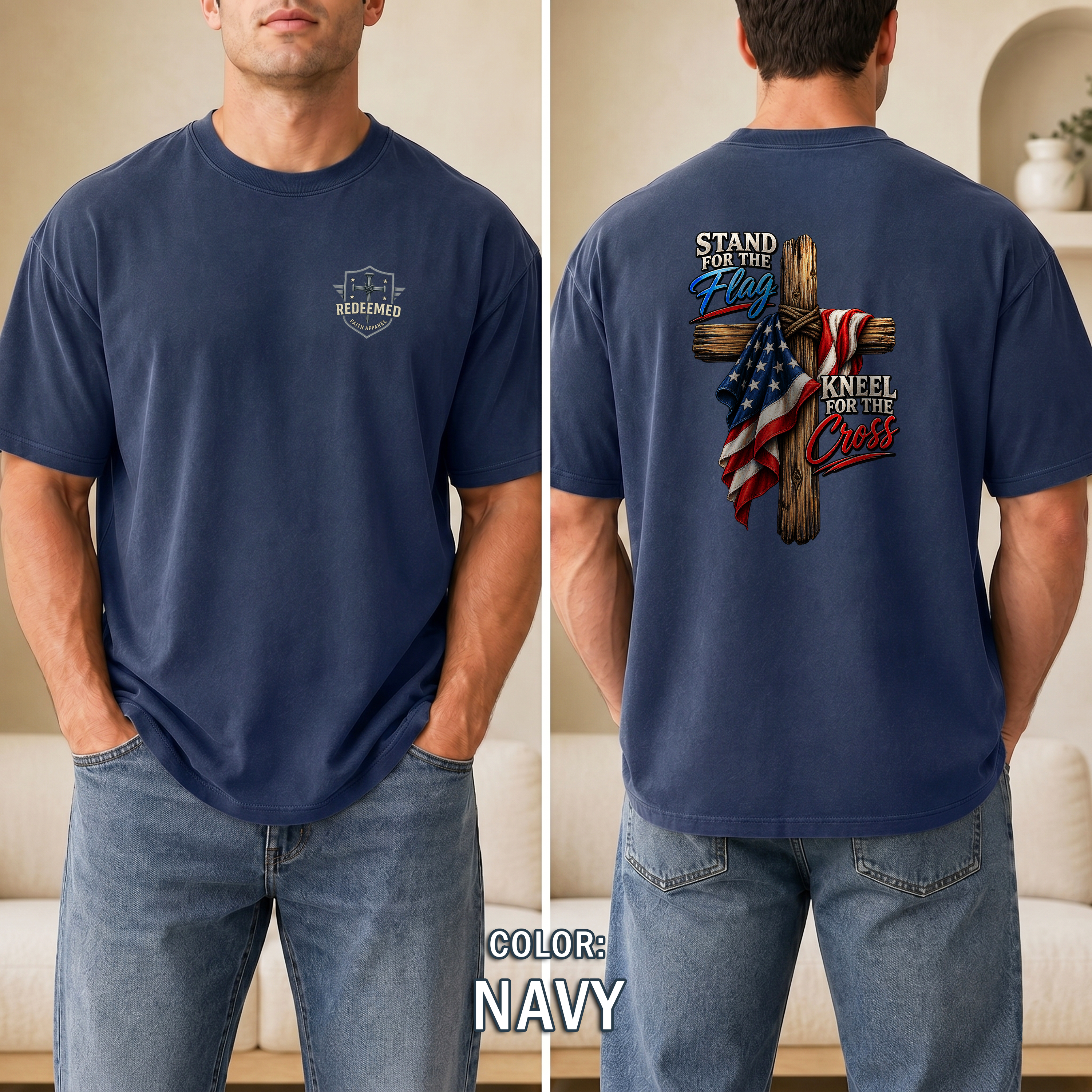 Stand for the Flag Kneel for the Cross T-Shirt, Christian Patriotic T-Shirt, American Flag & Cross Shirt, Redeemed Faith Apparel